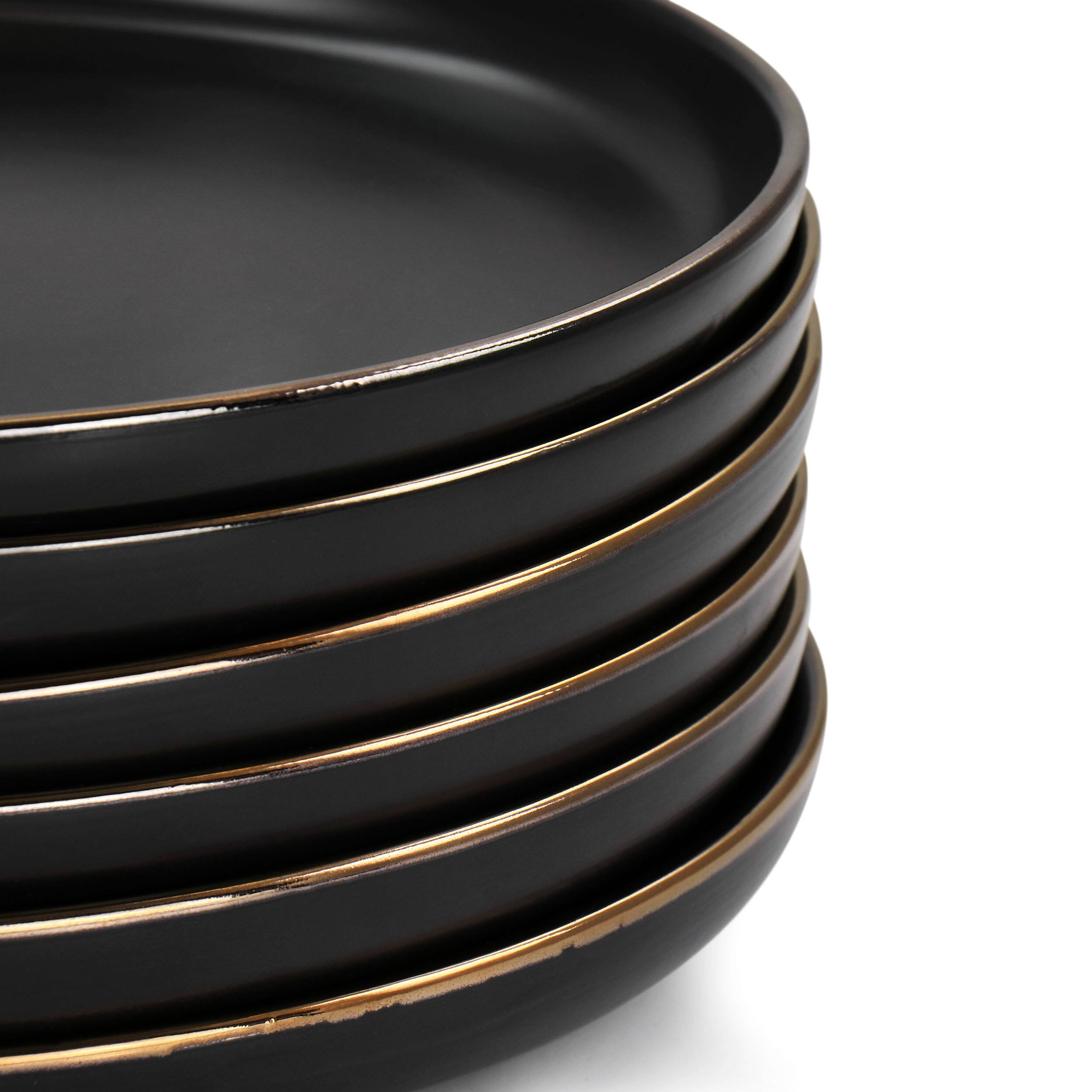 Alt View 2. Elama - Elama Paul 6 Piece Stoneware Dinner Plate Set in Matte Black with Gold Rim - Black.