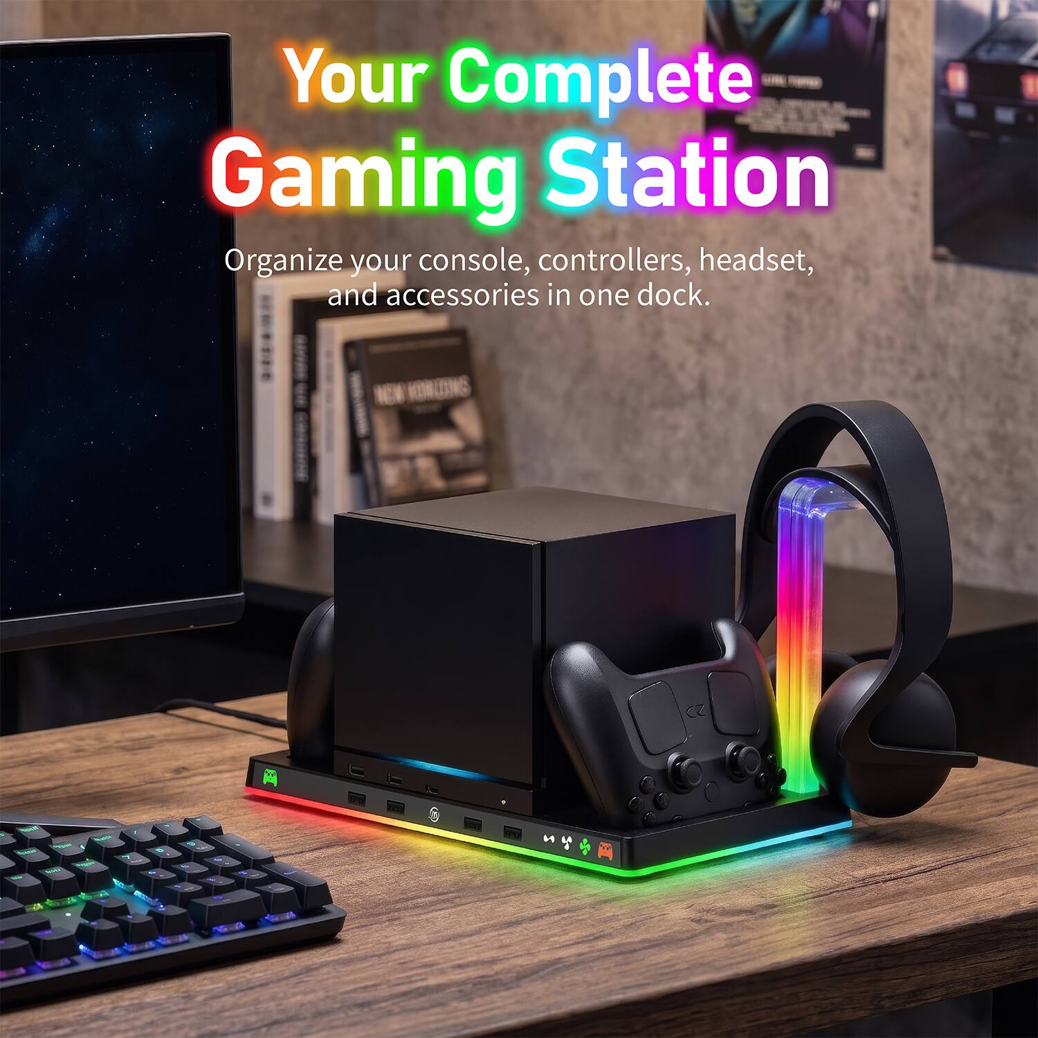 Your Complete Gaming Station  
Organize your console, controllers, headset, and accessories in one dock.