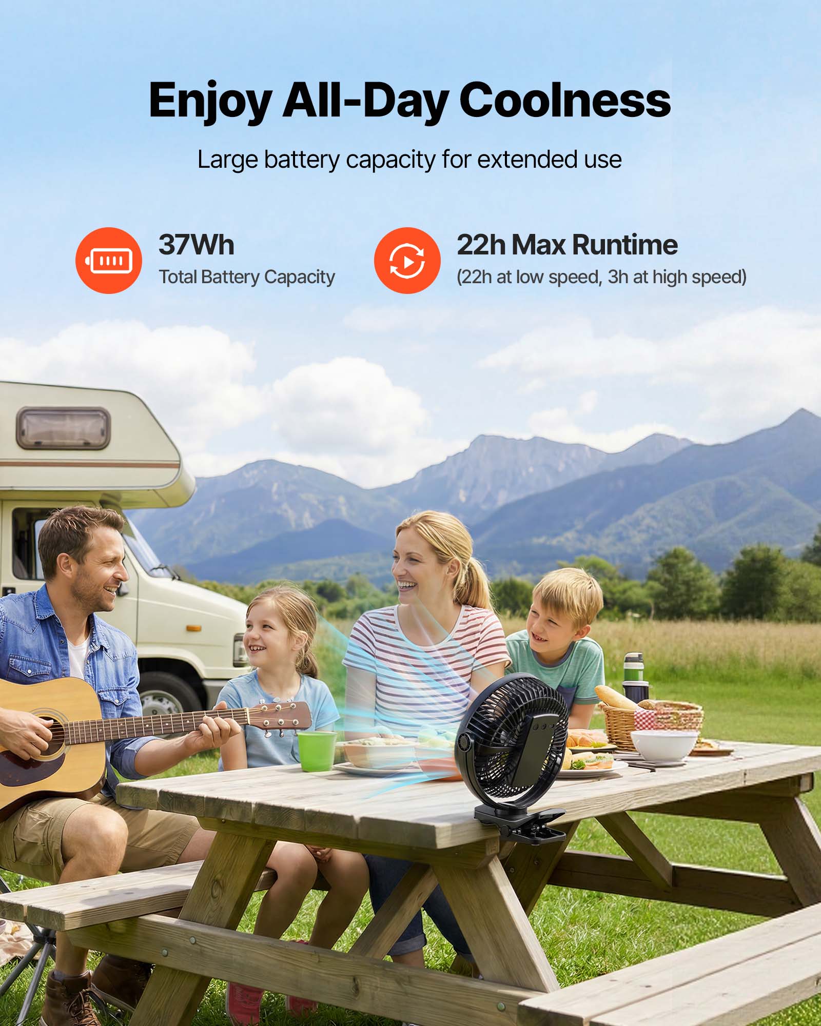Enjoy All-Day Coolness  
Large battery capacity for extended use  
37Wh Total Battery Capacity  
22h Max Runtime (22h at low speed, 3h at high speed)