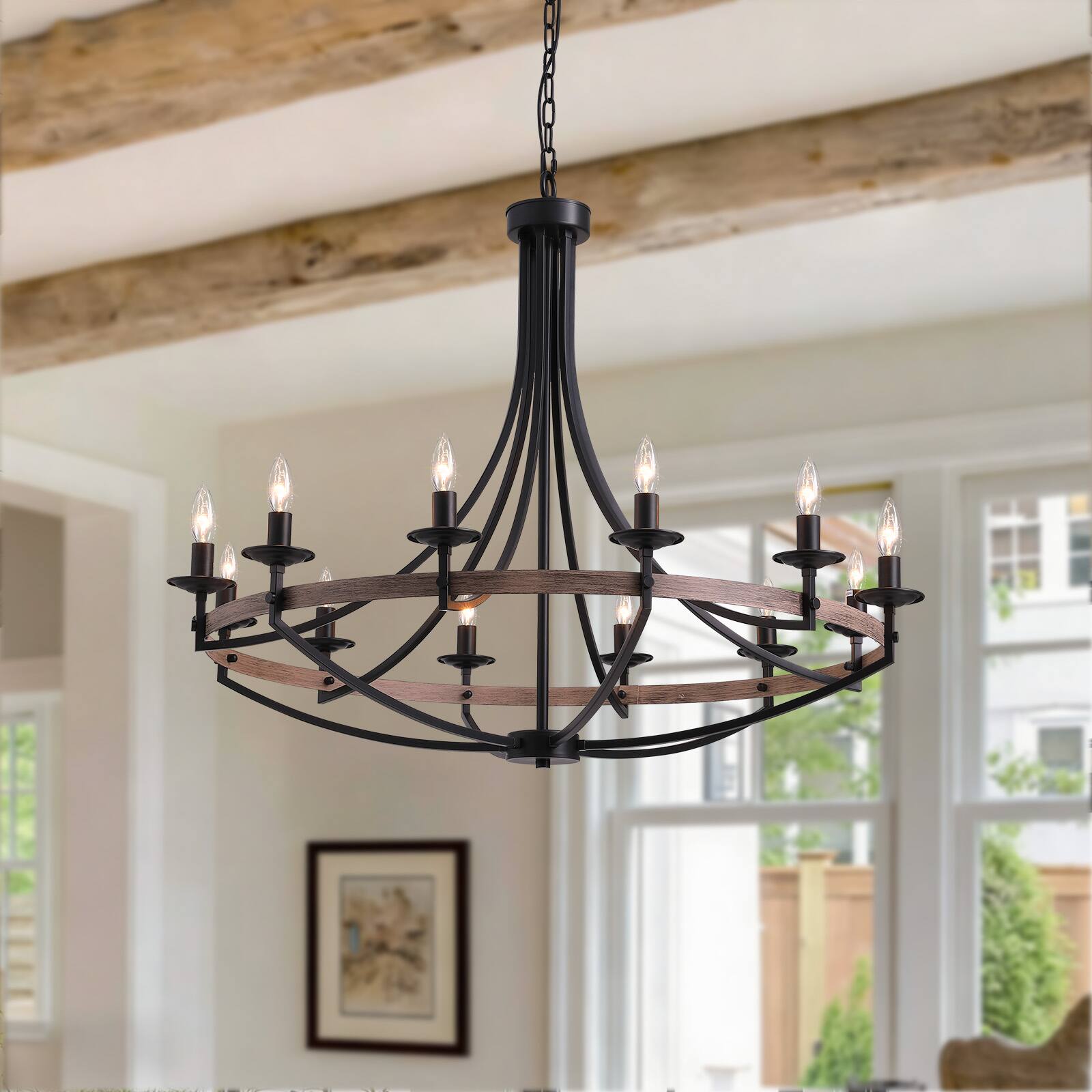 Angle. Siljoy - 41 Inch Farmhouse Matte Black 12 Light Candle Chandelier Adjustable Wrought Iron for Dining Room Kitchen Island Entryway - Brown.