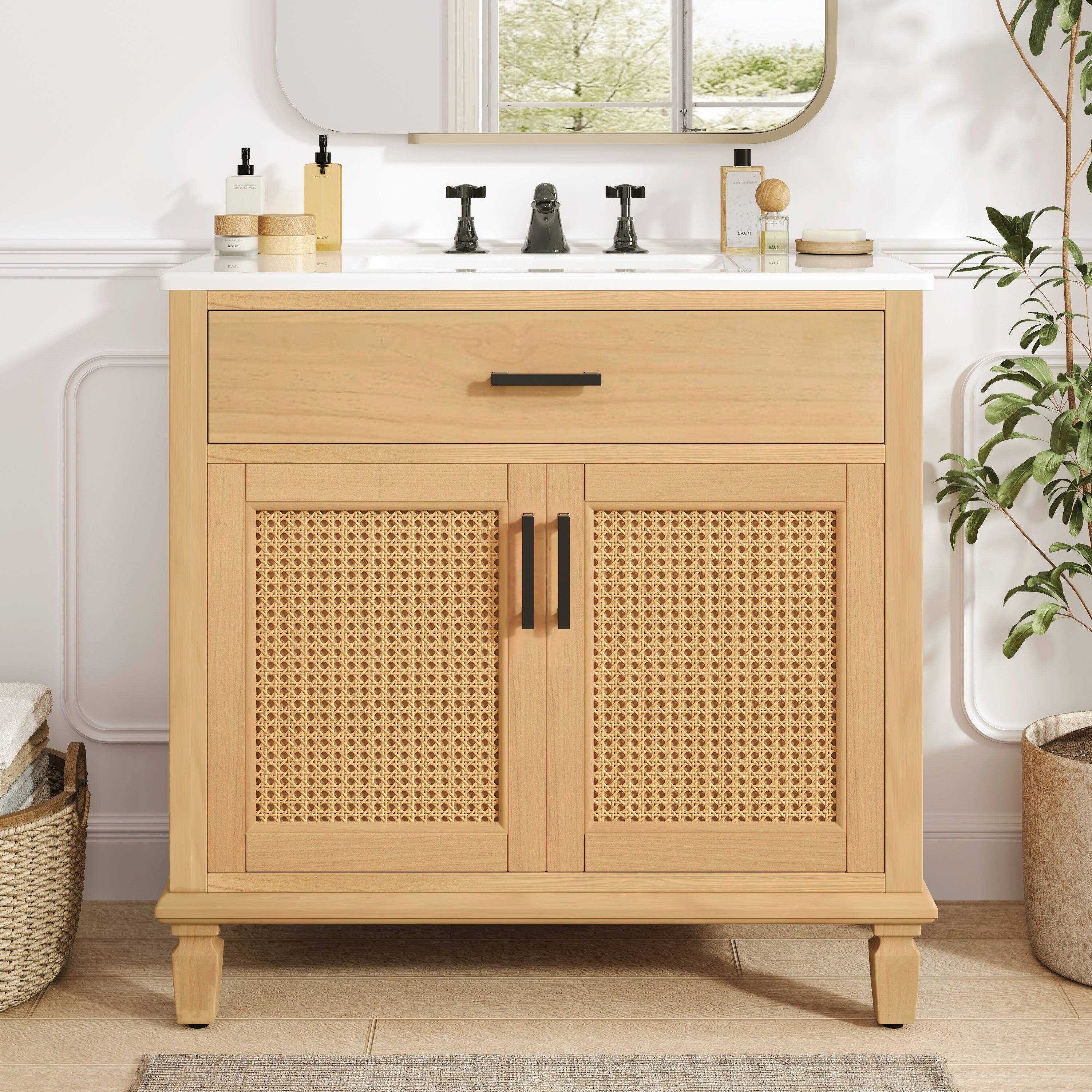 Alt View 5. Boyel Living - 36 Inch Rattan Bathroom Vanity with Ceramic Sink Soft Close Doors and Drawers Solid Wood Legs - Natural.