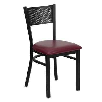 Front. Emma + Oliver - Grid Back Metal Restaurant Dining Chair - Burgundy Vinyl Seat/Black Metal Frame.