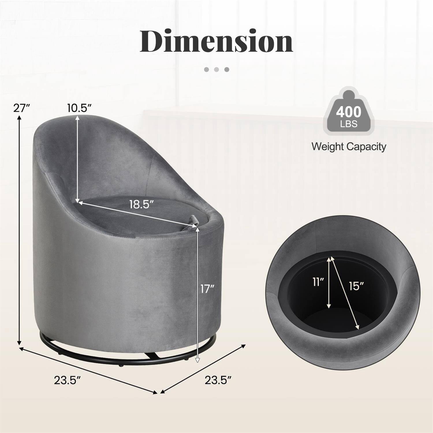 Dimension  
27" x 10.5" x 18.5" x 17" x 23.5" x 23.5"  
Weight Capacity: 400 LBS