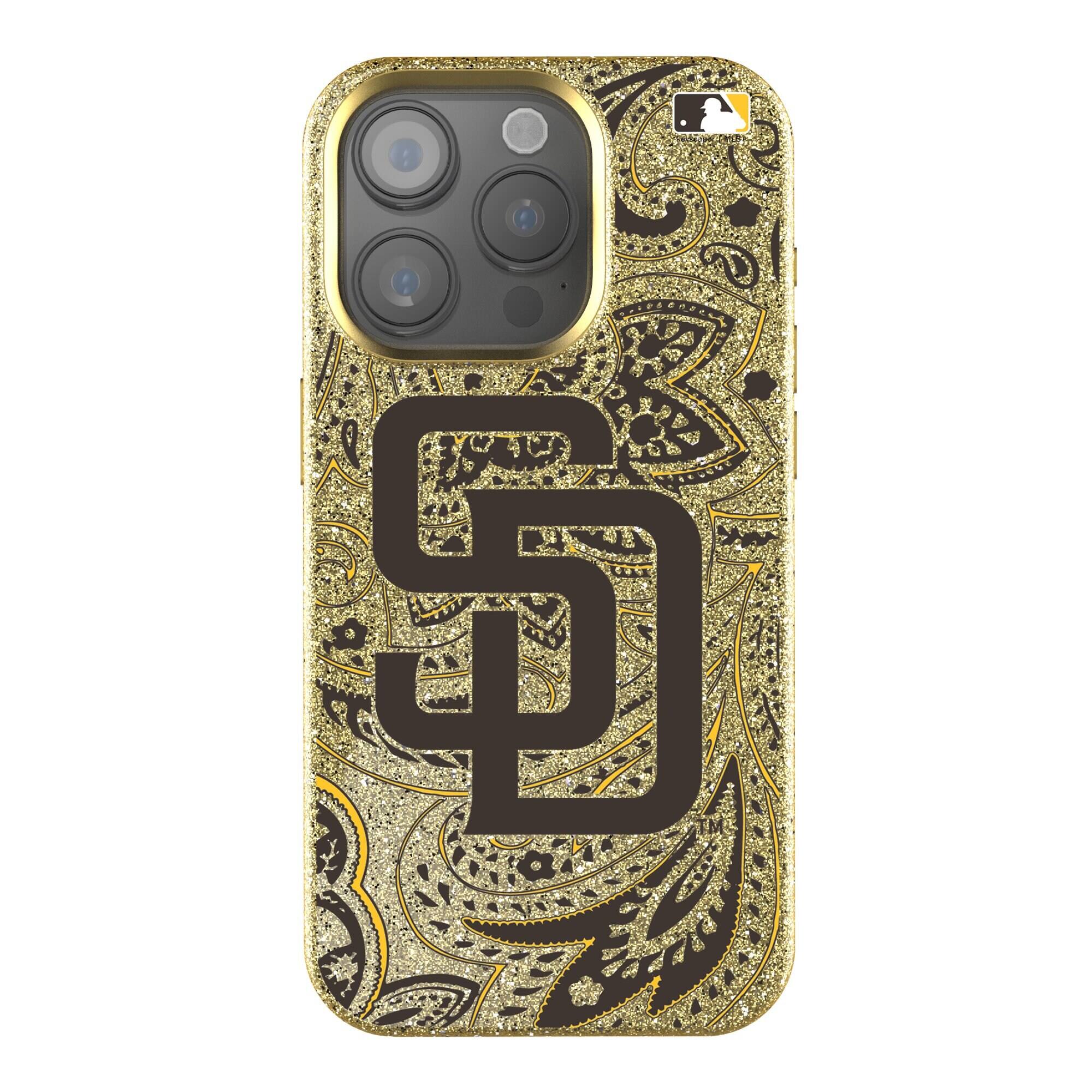 Front. Keyscaper - San Diego Padres Paisley Bling iPhone Case - 15 Pro Max - Gold.