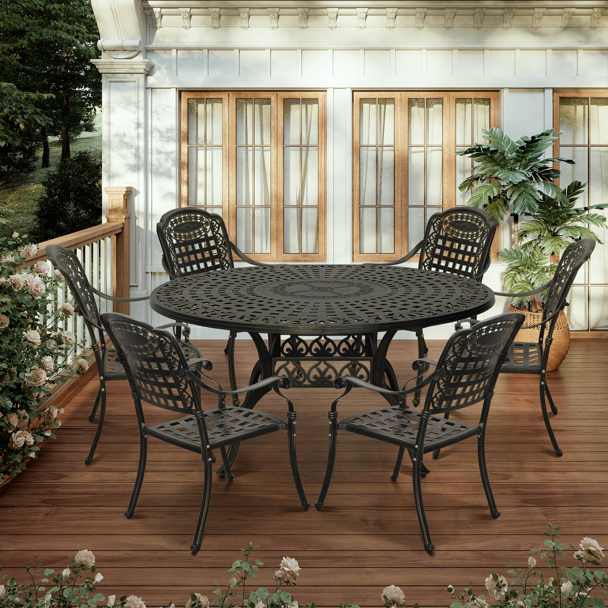 Left. Mondawe - 7-Piece Cast Aluminum Dining Set - Bronze.
