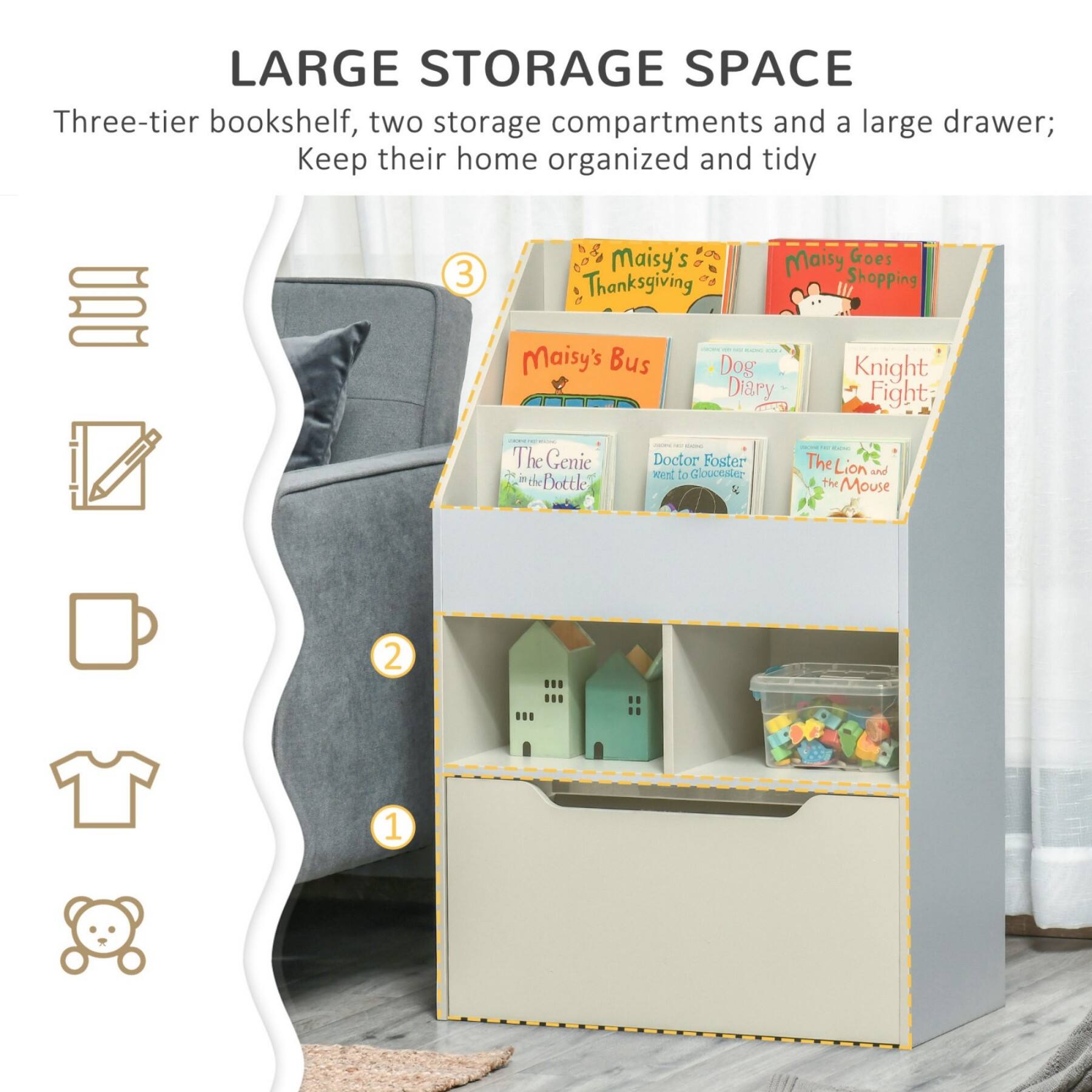 LARGE STORAGE SPACE  
Three-tier bookshelf, two storage compartments and a large drawer; Keep their home organized and tidy  

1.  
2.  
3.  

Maisy's Bus  
Dog Diary  
Knight Fight  
The Genie in the Bottle  
Doctor Foster  
The Lion and the Mouse  
Maisy's Thanksgiving  
Maisy Goes Shopping
