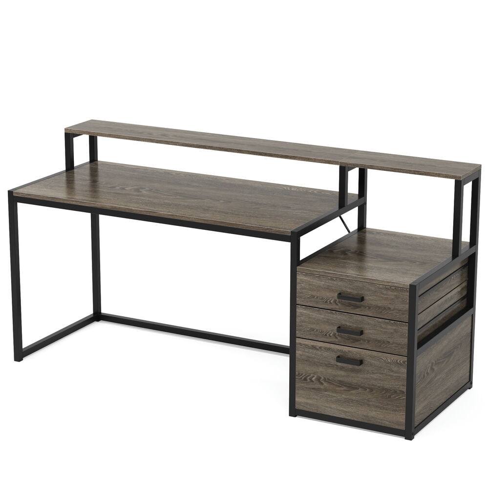 Angle. Resenkos - Kadyn Study Writing Desk, Computer Desk,63" Computer Desk, Ergonomic Office Desk with Drawers & Monitor Stand,Grey - Gray.