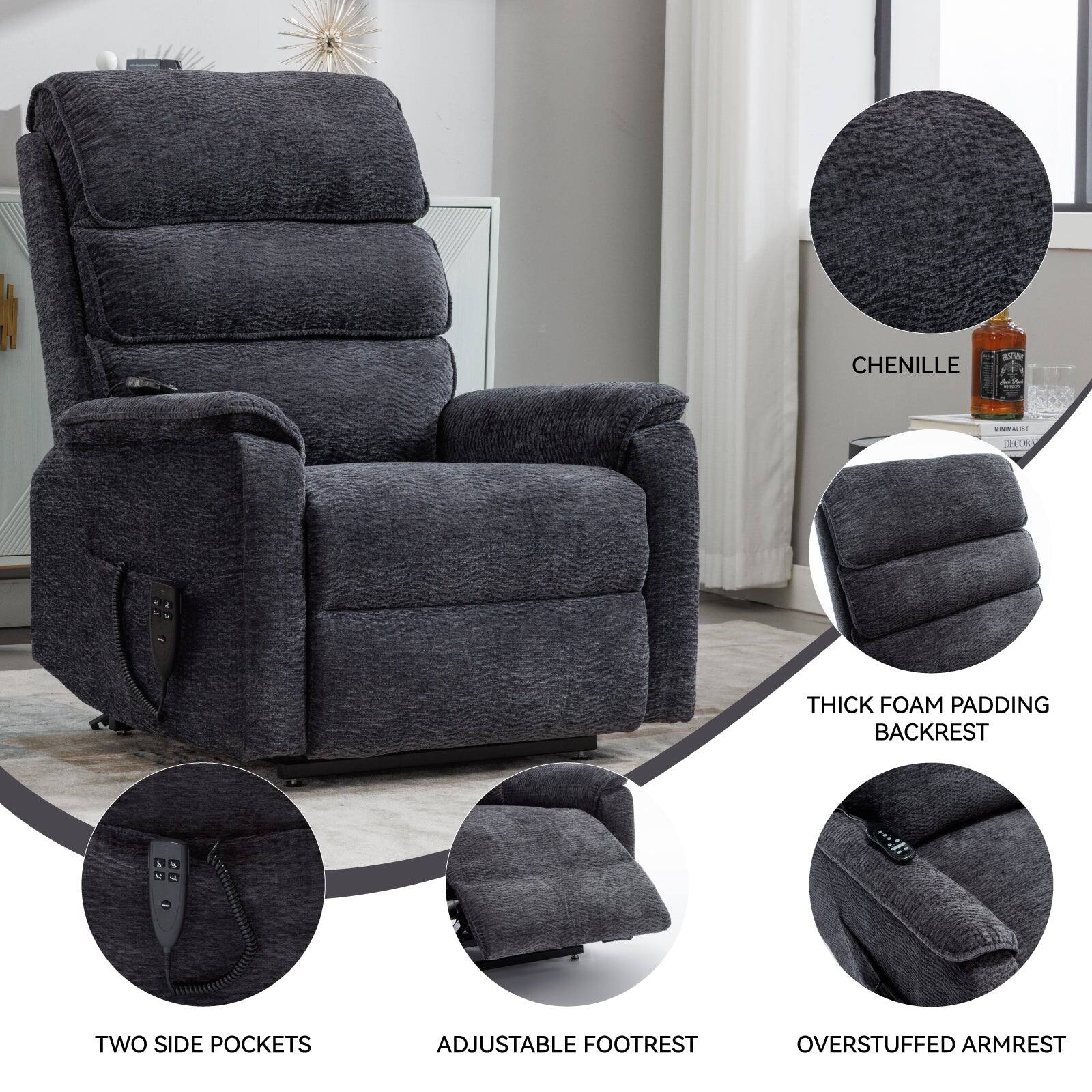 1. Chenille
2. Thick Foam Padding Backrest
3. Two Side Pockets
4. Adjustable Footrest
5. Overstuffed Armrest