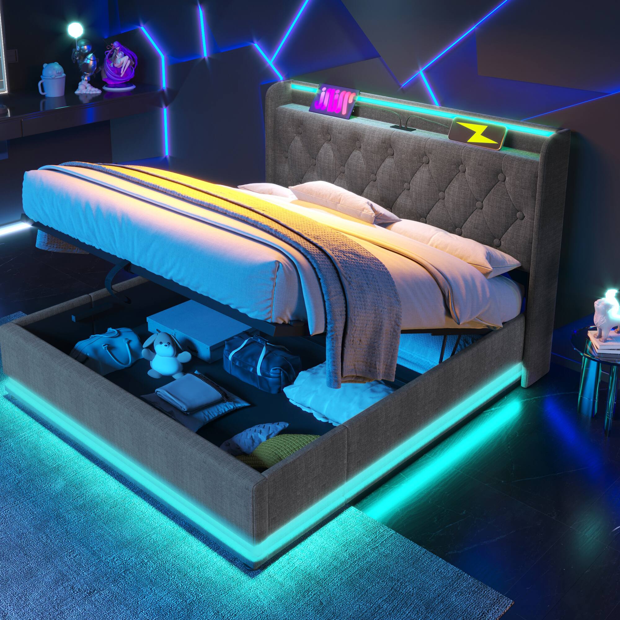 Alt View 4. GOODSILO - King Size Upholstered Bed with LED Lighting, Hydraulic Storage, and USB Charging - Gray.