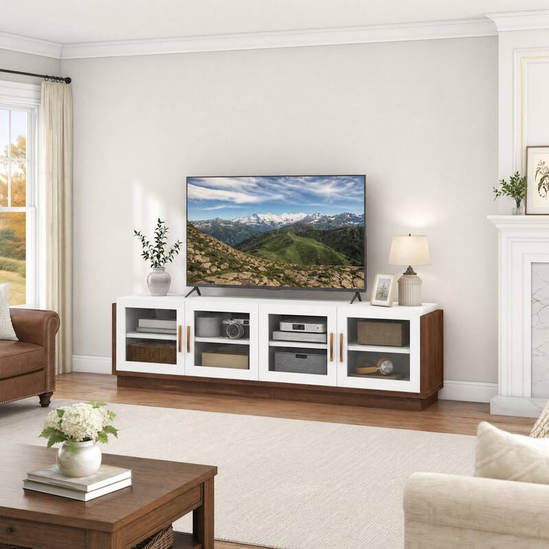 Angle. WELLFOR - Mid Century Modern TV Stand for TVs up to 75", Entertainment Center with 4 Tempered Glass Doors - White.