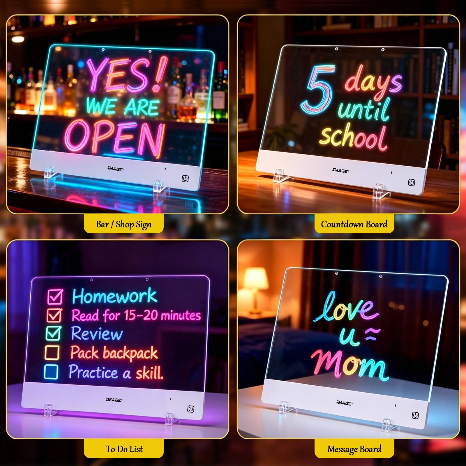 YES! WE ARE OPEN IMAGE  
5 days until school .. IMAGE  
Bar / Shop Sign  
Countdown Board  
Homework  
Read for 15-20 minutes  
Review  
Pack backpack  
Practice a skill. IMAGE  
love u - Mom IMAGE  
To Do List  
Message Board