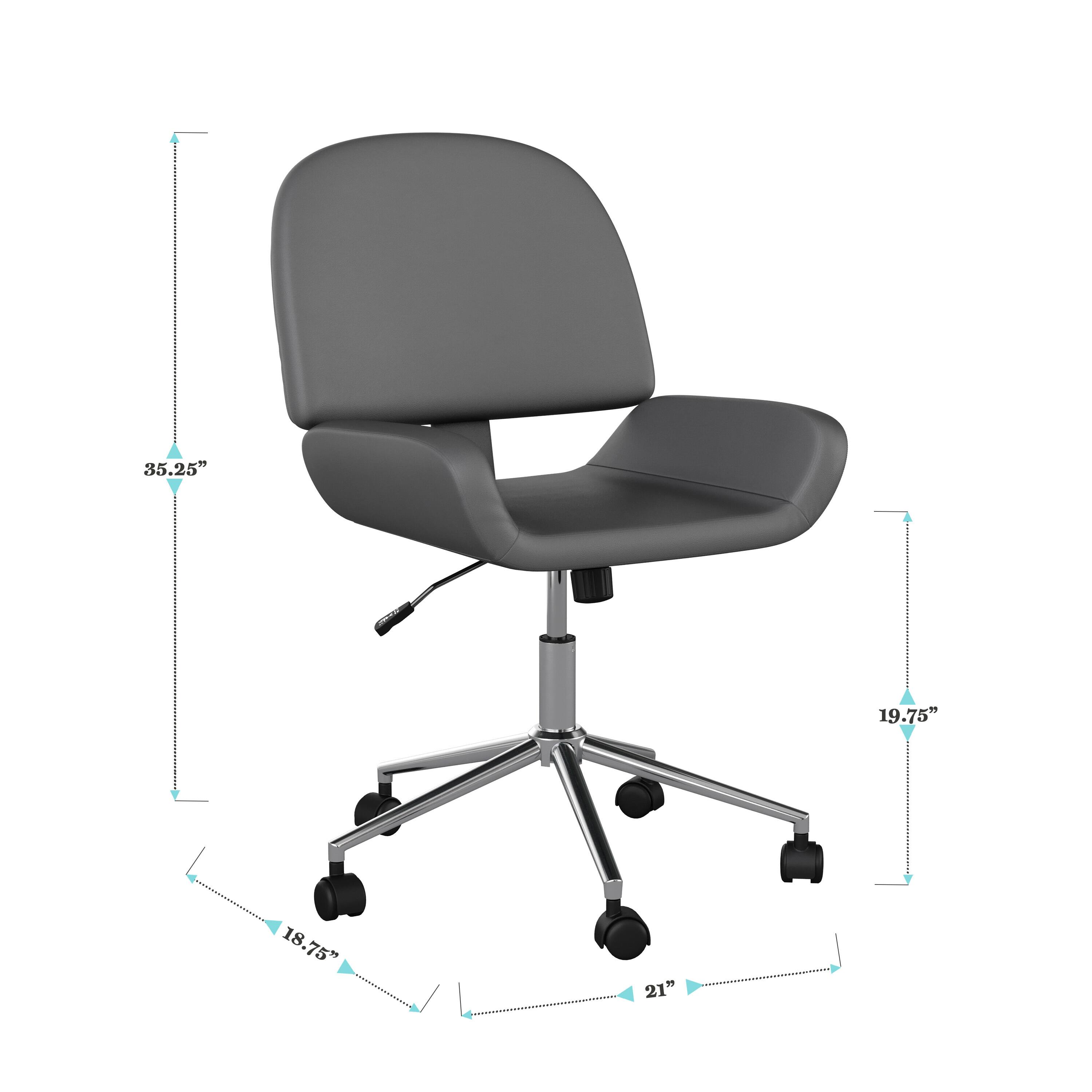The text on the image reads: "35.25" 19.75" 18.75" 21". This indicates the dimensions of the chair, with the height being 35.25 inches, the width being 19.75 inches, the depth being 18.75 inches, and the armrest length being 21 inches.