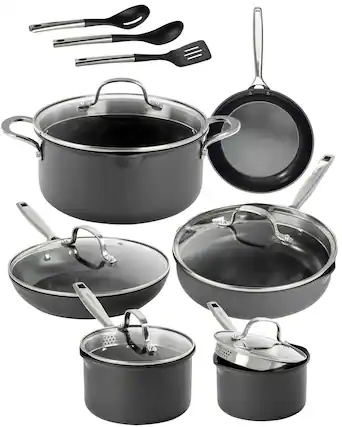 Front. Gotham Steel - Gotham Steel PRO 15 Piece Nonstick Hard-Anodized Cookware Set with Stay-Cool Handles, Induction Compatible - Black.