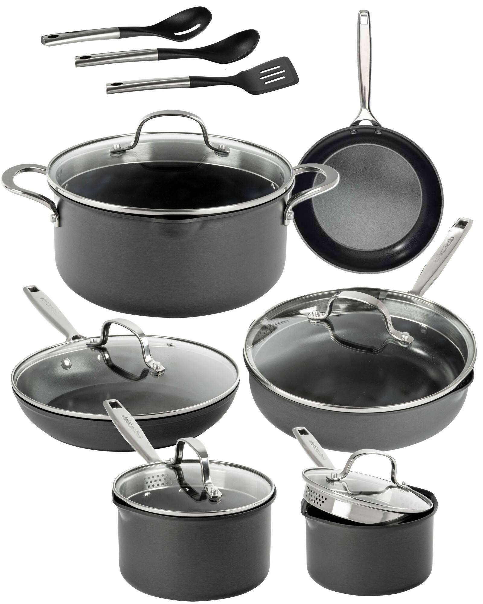 Front. Gotham Steel - Gotham Steel PRO 15 Piece Nonstick Hard-Anodized Cookware Set with Stay-Cool Handles, Induction Compatible - Black.