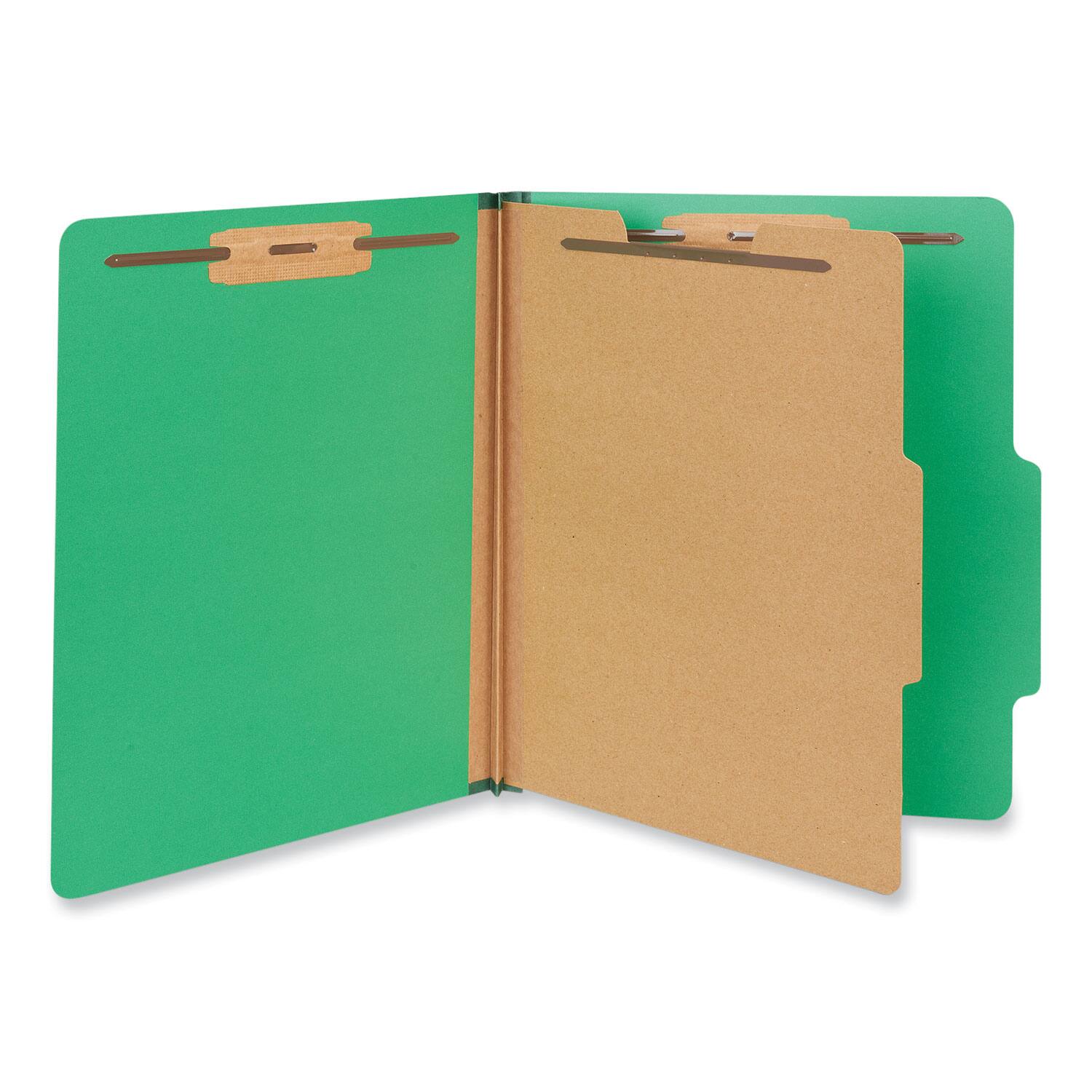 Angle. Universal - Bright Colored Pressboard  Folders, 2" Expansion, 1 Divider, 4 Fasteners, Letter Size, Emerald Green, 10/Box.