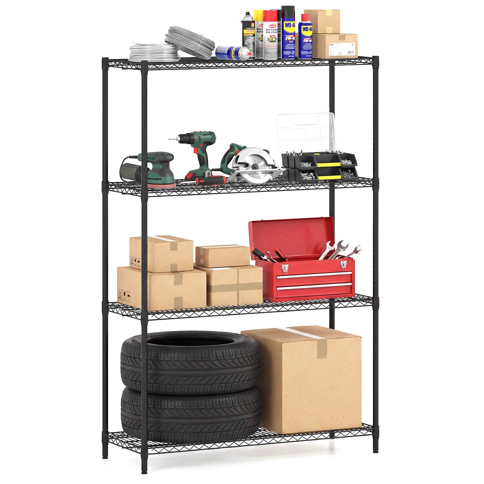 Gymax - 4-Tier Metal Storage Shelving Unit Heavy-Duty Adjustable Utility Shelf w/ V-Shaped Wire Rac - Black