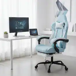Forest'nSky - White Gaming Chair with Footrest, Ergonomic Computer Chair with Lumbar Support, High Back Swivel Office Desk Chair - Blue