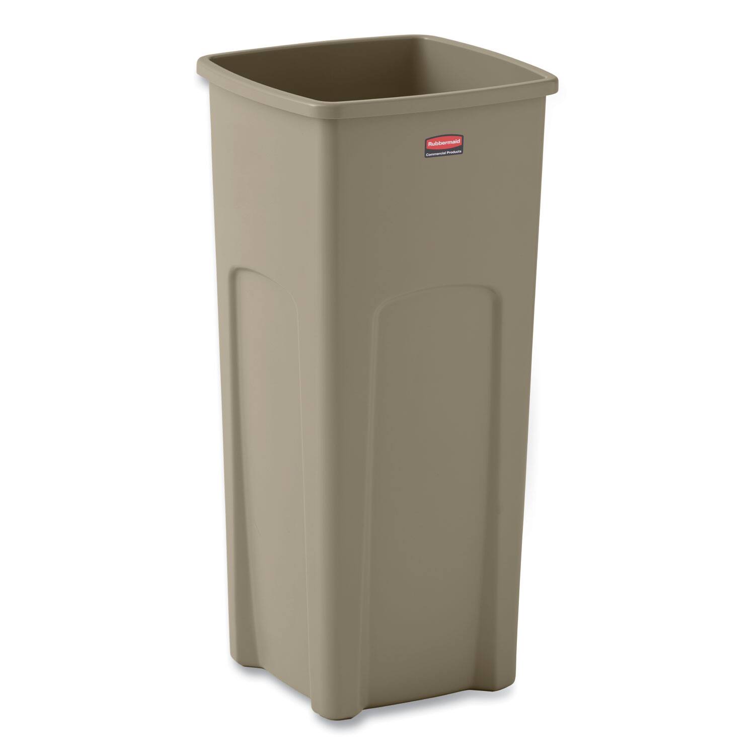 Front. RubberMaid - Untouchable Square Waste Receptacle, 23 gal, Plastic, Beige.
