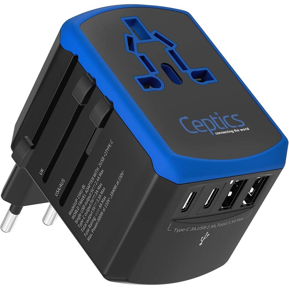 Sure, here is the corrected and grouped text from the image:

---

**Ceptics**  
connecting the world

**UK**  
**USA/AUS**

**Model:** 15KU-BL  
**Rating:** 230V 4A  
**Power:** 880W  
**Total Output:** 3.5A Max  
**USB Output:** 5V 3A Max  
**Type-C Output:** 3A Max  
**USB 2.4A, Type-C 3A, Total 3.5A Max**  
**Fuse:** 4A

**Type-C 3A, USB 2.4A, Total 3.5A Max**

---

This text is organized to reflect the information provided on the adapter.