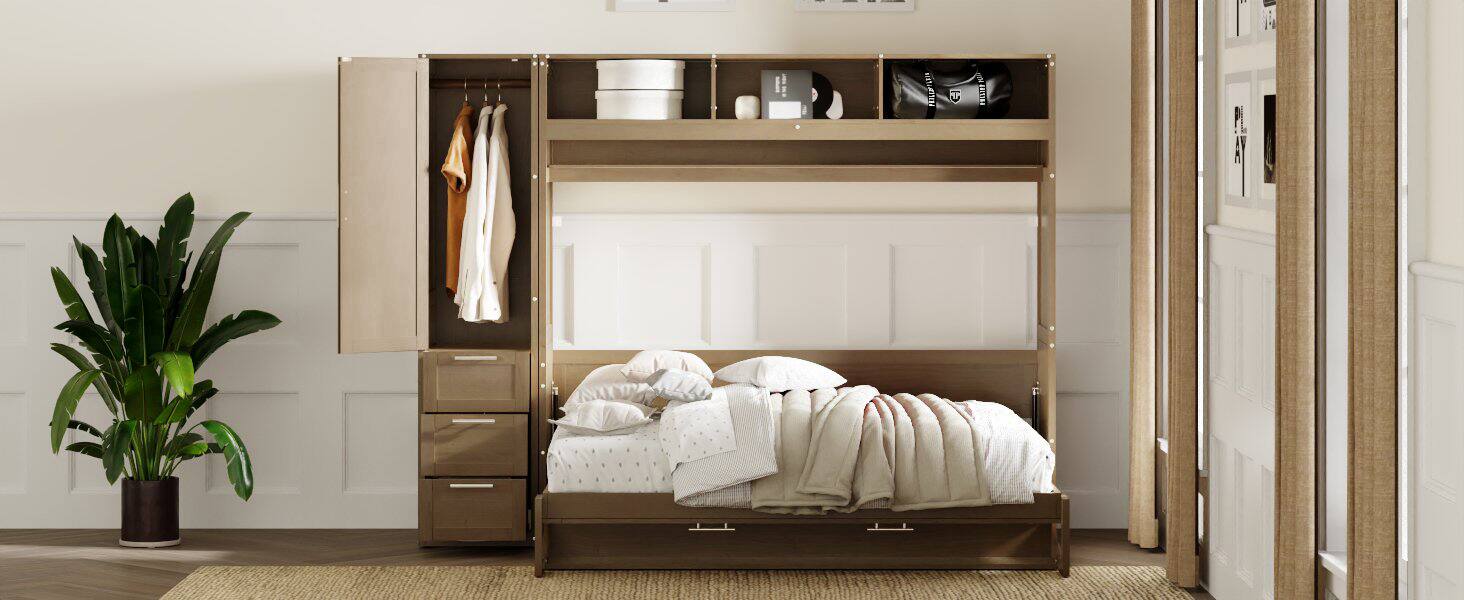 Alt View 10. Tiramisubest - Full Size Murphy Bed with Wardrobe, Antique Wood, 105x22x79 inches - Wood.