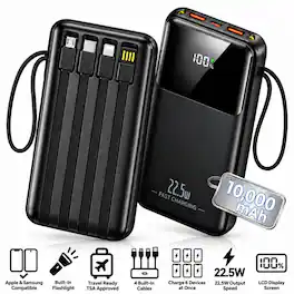 Energizer - 10,000mAh 22.5W Magnetic Wireless Qi MagSafe Power Bank & 4 Built‑In Cables (Dual USB‑C, Micro‑USB, USB‑A) - Black