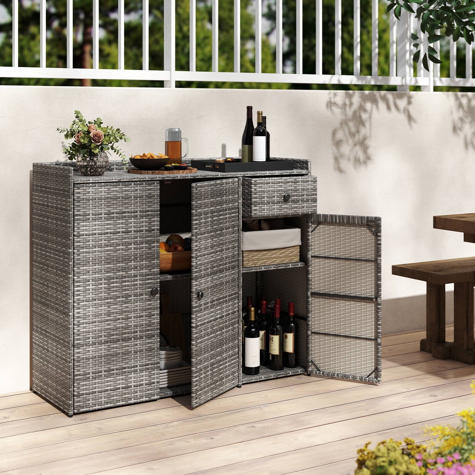 Alt View 3. Costway - Costway Outdoor PE Wicker Storage Cabinet with 3 Doors Adjustable Shelves and Drawer - Mix Gray.
