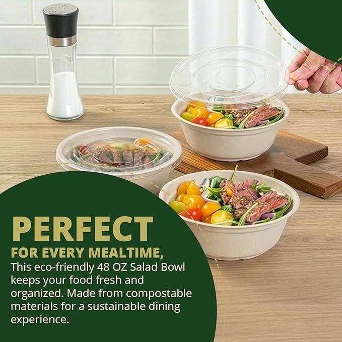 PERFECT FOR EVERY MEALTIME,  
This eco-friendly 48 OZ Salad Bowl keeps your food fresh and organized. Made from compostable materials for a sustainable dining experience.