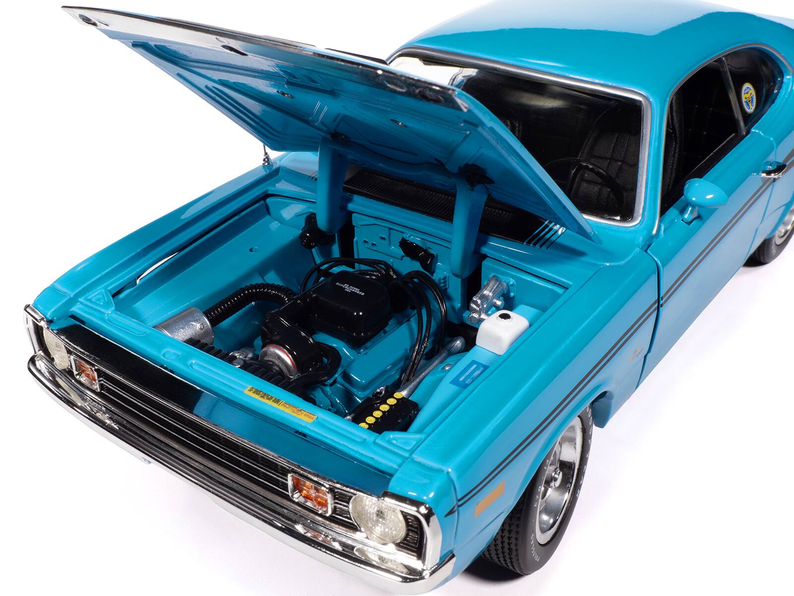 Left. Autoworld - 1972 Dodge Demon GSS "Mecum Auctions" Petty Blue with Black Stripes "American Muscle" Series 1/18 - Blue and Black.