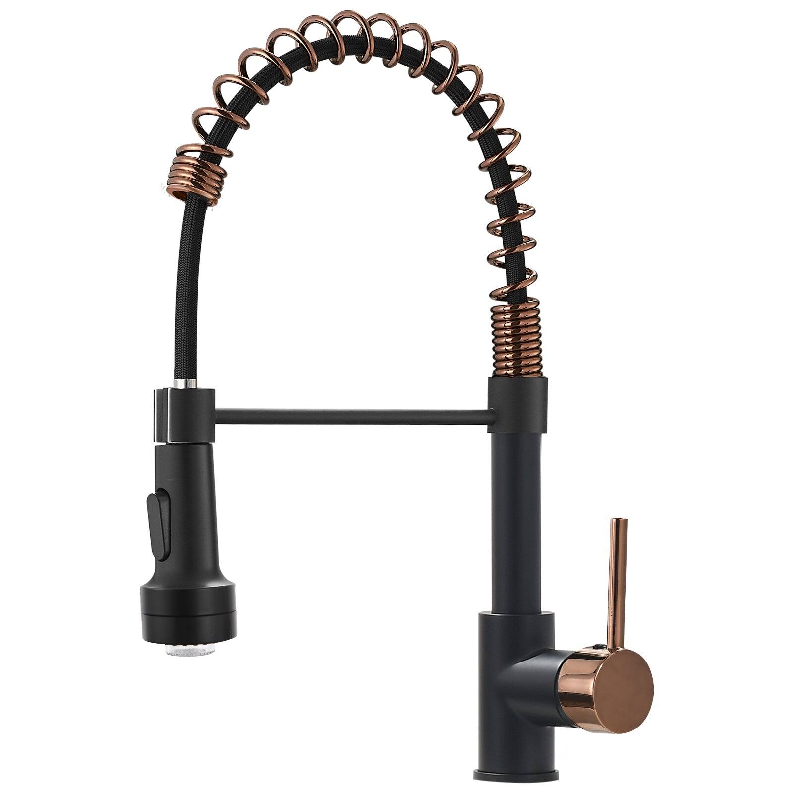 Front. Boyel Living - Brass Pull Down Sprayer Kitchen Faucet with LED Temperature Sensor Light in Matte Black Rose Gold - Matte Black with Rose Gold.