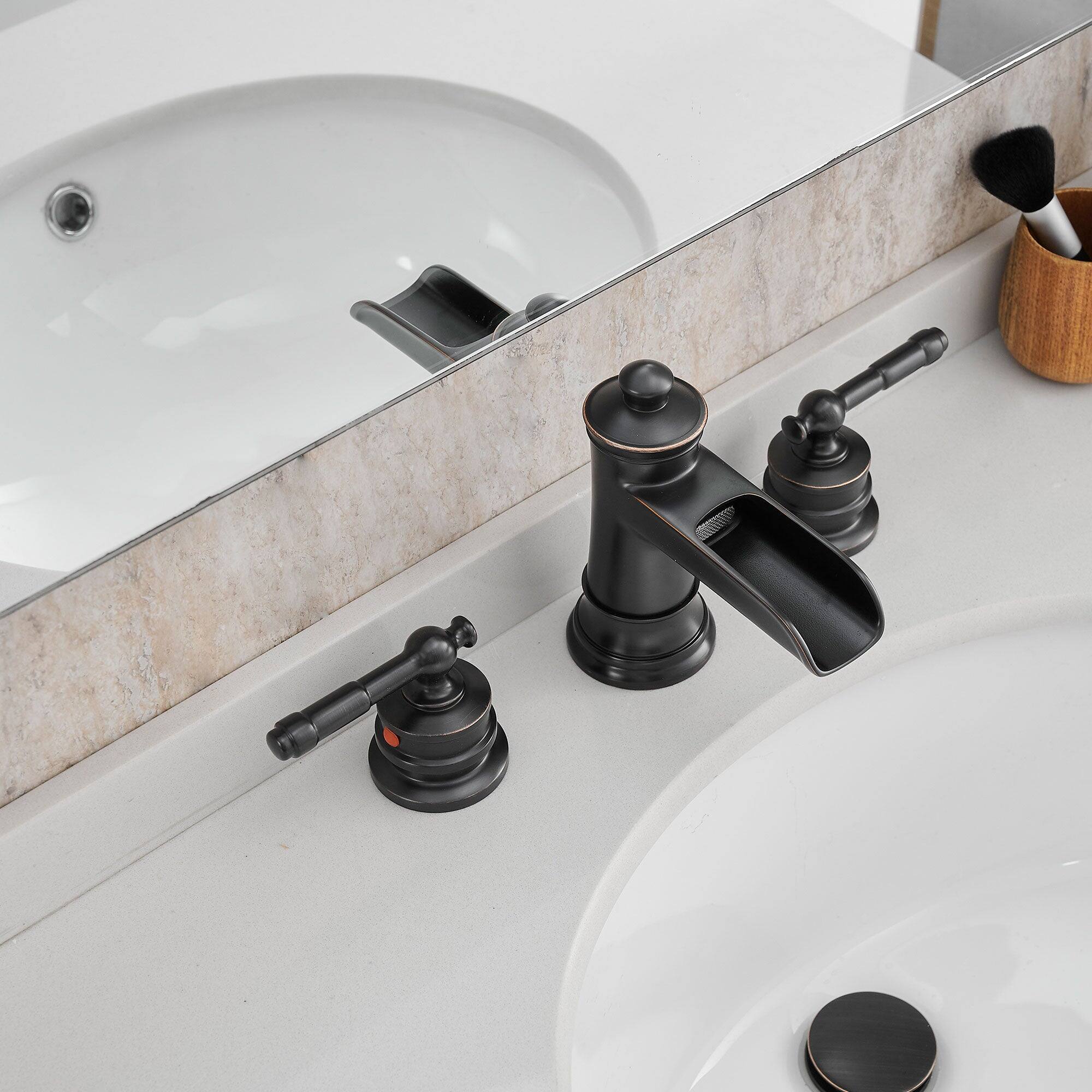 Back. Boyel Living - Classic 8 in. Widespread Double Handle Bathroom Faucet with Pop Up Drain, Water Supply Hoses in Oil Rubbed Bronze - Oil Rubbed Bronze.