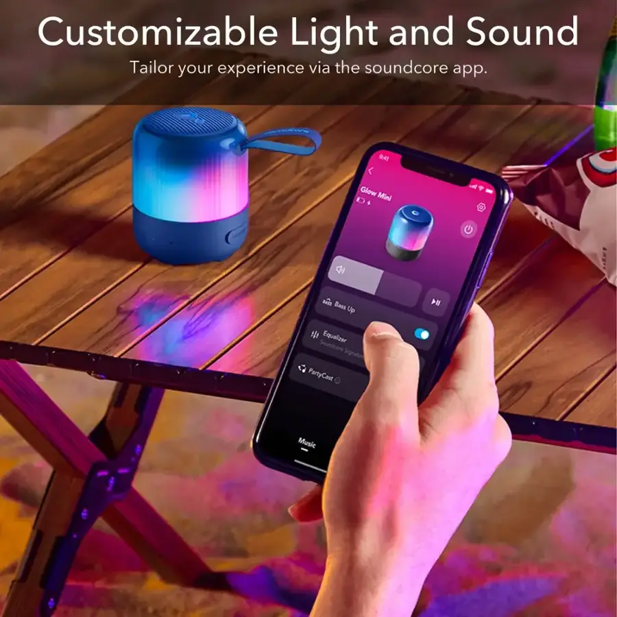 Customizable Light and Sound: Tailor your experience via the Soundcore app. 9.45 Glow Mini s i  Bass Up, Equalizer, Soundcore Signetu PartyCast Music.