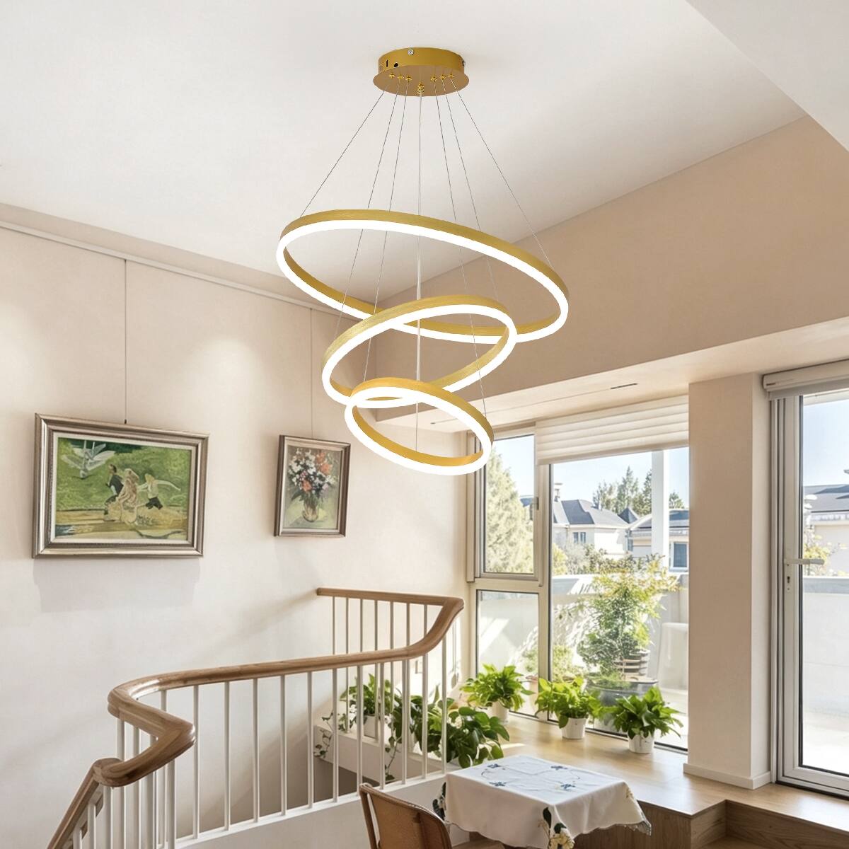 Alt View 4. Loheer - Loheer Modern Gold Three Ring LED Chandelier Dimmable Adjustable Pendant Light.
