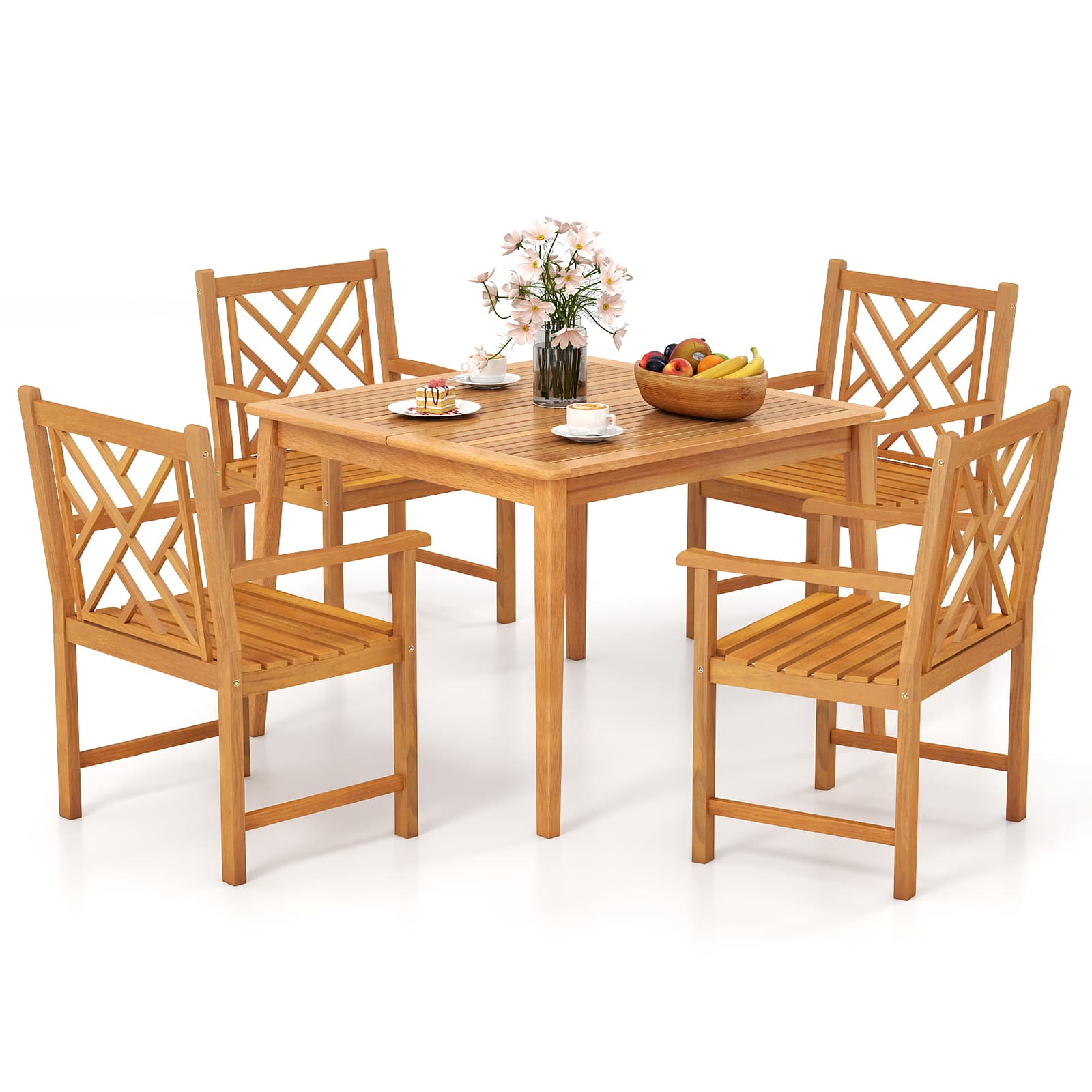 Gymax - 5-Pieces Patio Dining Table Set w/4 Chairs Slatted Tabletop 1.96'' Umbrella Hole - Natural