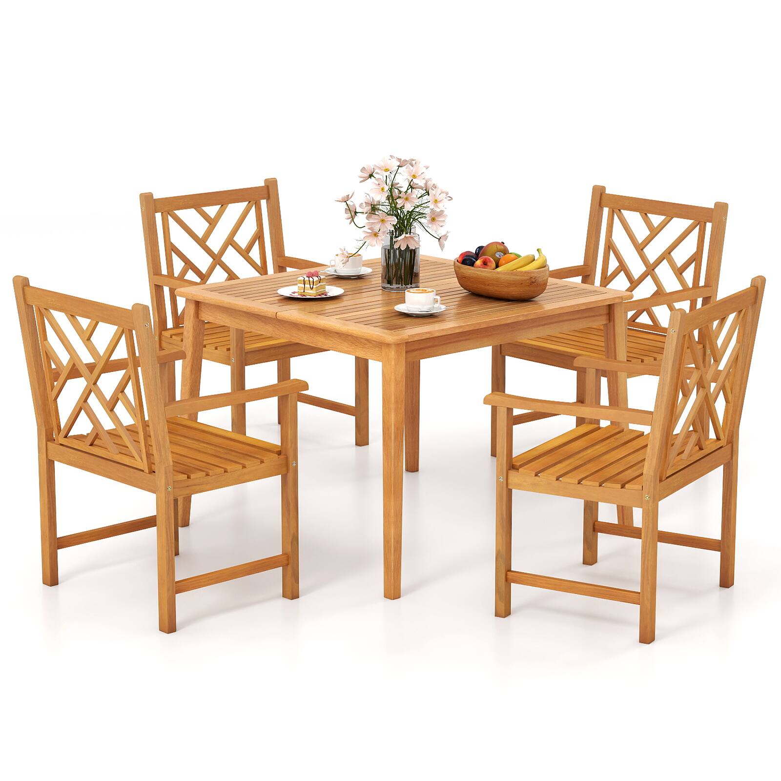 Front. Gymax - Gymax 5-Pieces Patio Dining Table Set w/4 Chairs Slatted Tabletop 1.96'' Umbrella Hole - Natural.
