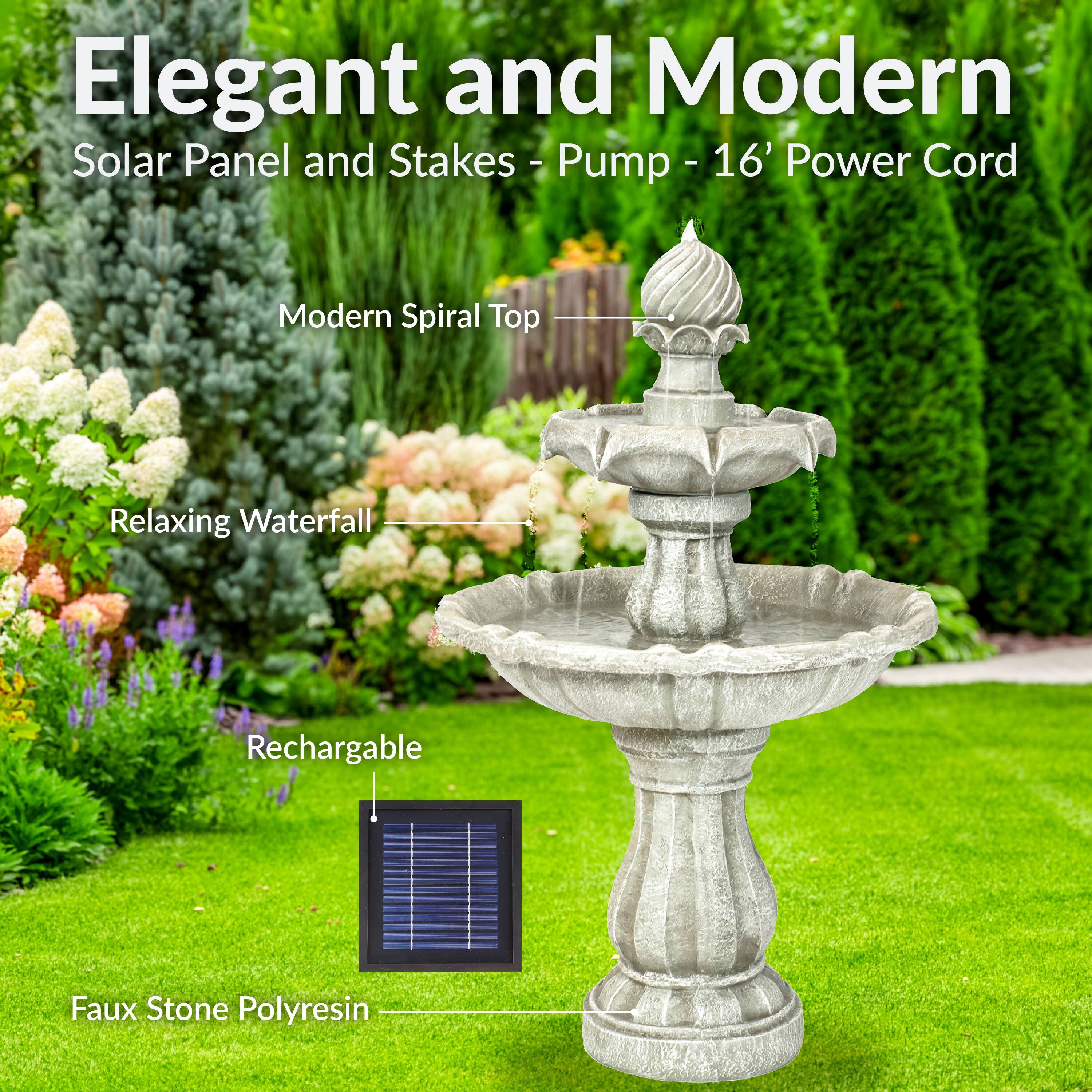 Elegant and Modern  
Solar Panel and Stakes - Pump - 16' Power Cord  

Modern Spiral Top  
Relaxing Waterfall  
Rechargeable  
Faux Stone Polyresin