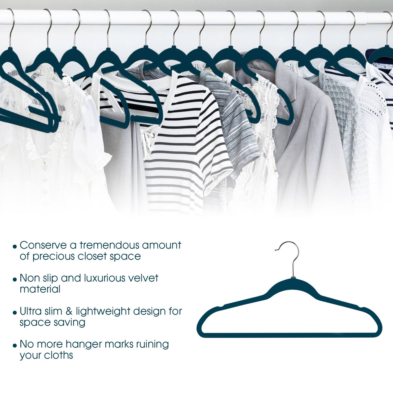 Conserve a tremendous amount of precious closet space

Non slip and luxurious velvet material

Ultra slim & lightweight design for space saving

No more hanger marks ruining your clothes