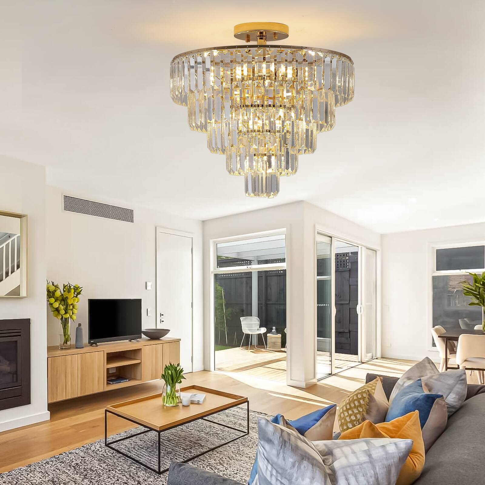 Left. APRILSOUL - Gold Crystal Chandeliers 5-Tier Round Semi Flush Mount Chandelier Light Fixture Contemporary Luxury Ceiling Lighting.