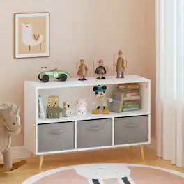MERAVOM - 2-Tier Bookcase Bookshelf with 3 Collapsible Fabric Drawers, Cute Book Display Storage Cabinet Organizer for Playroom - Gray