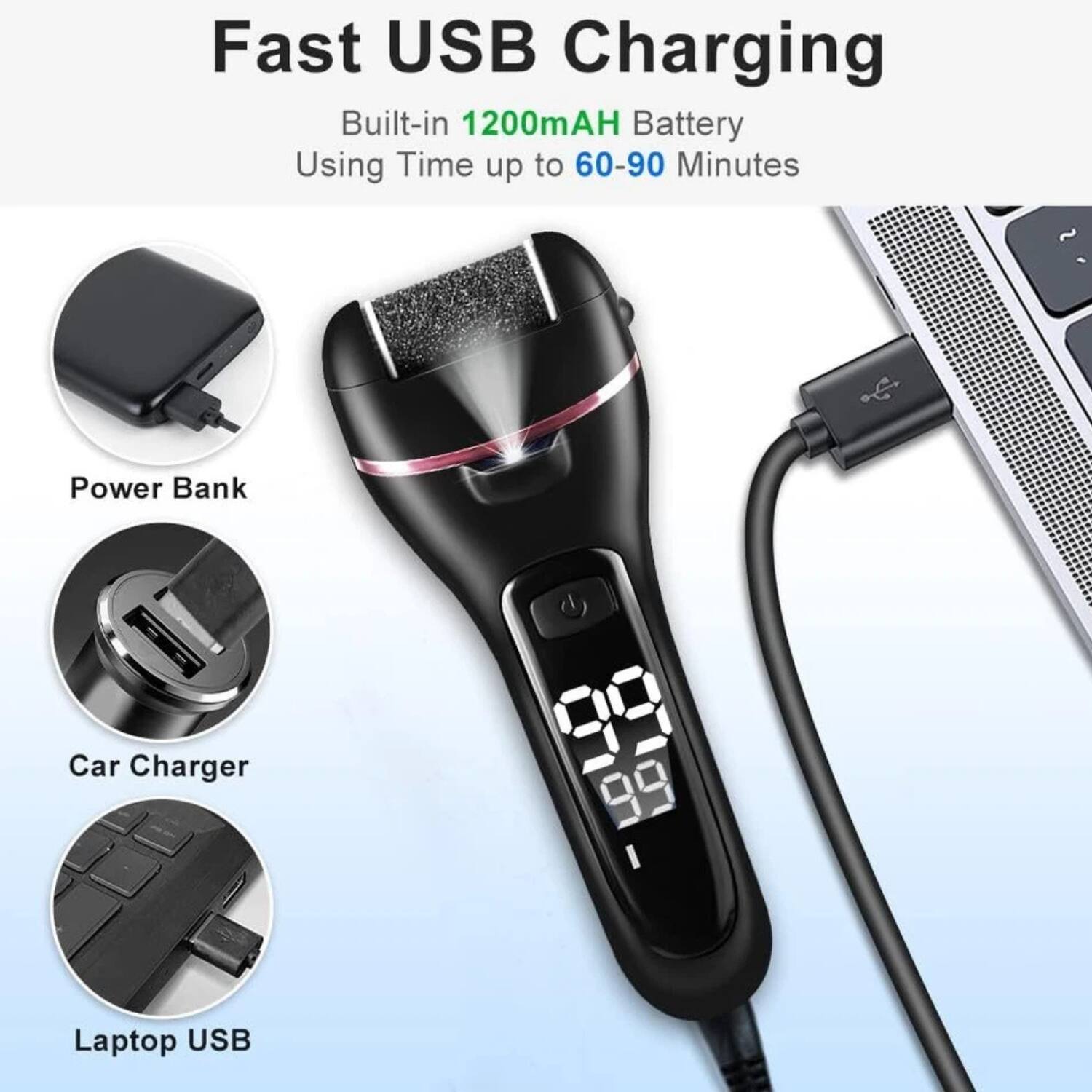 Fast USB Charging  
Built-in 1200mAh Battery  
Using Time up to 60-90 Minutes  

Power Bank  
Car Charger  
Laptop USB