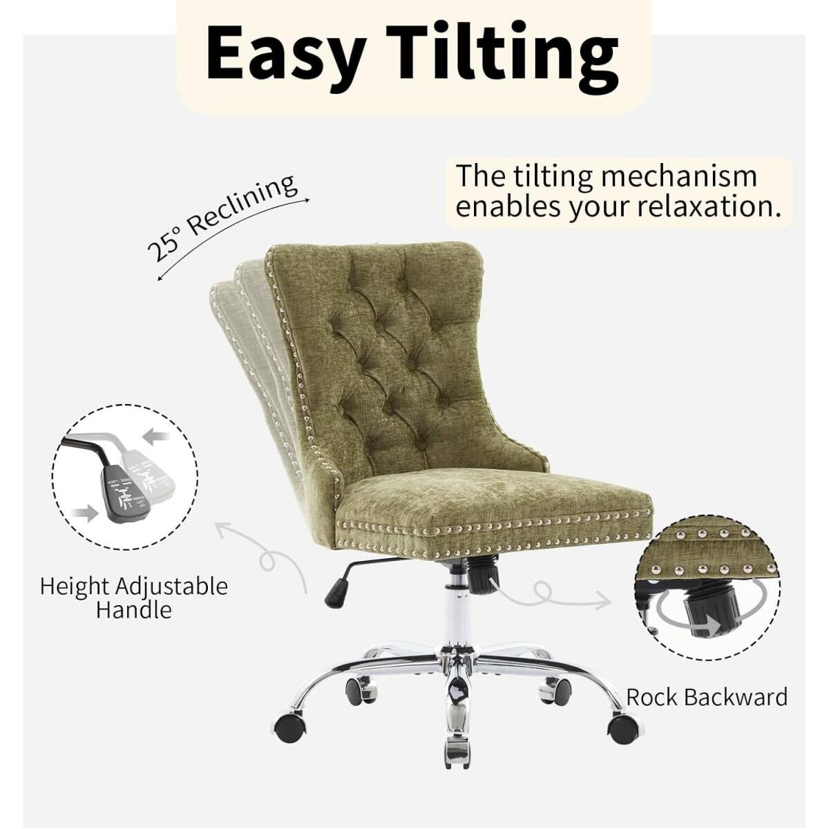 Easy Tilting

The tilting mechanism enables your relaxation.

25° Reclining

Height Adjustable Handle

Rock Backward