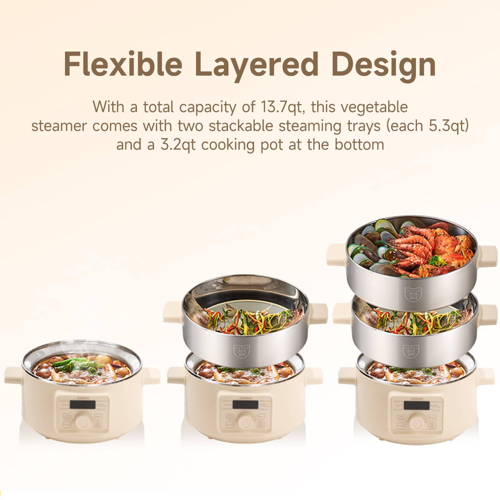 Flexible Layered Design

With a total capacity of 13.7qt, this vegetable steamer comes with two stackable steaming trays (each 5.3qt) and a 3.2qt cooking pot at the bottom

304
SUS 304
SUS 304