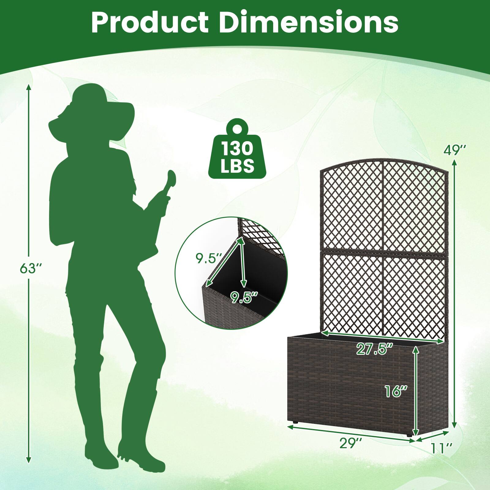 Product Dimensions: 130 LBS, 49", 63", 9.5", 9.5", 27.5", 16", 29", 11"