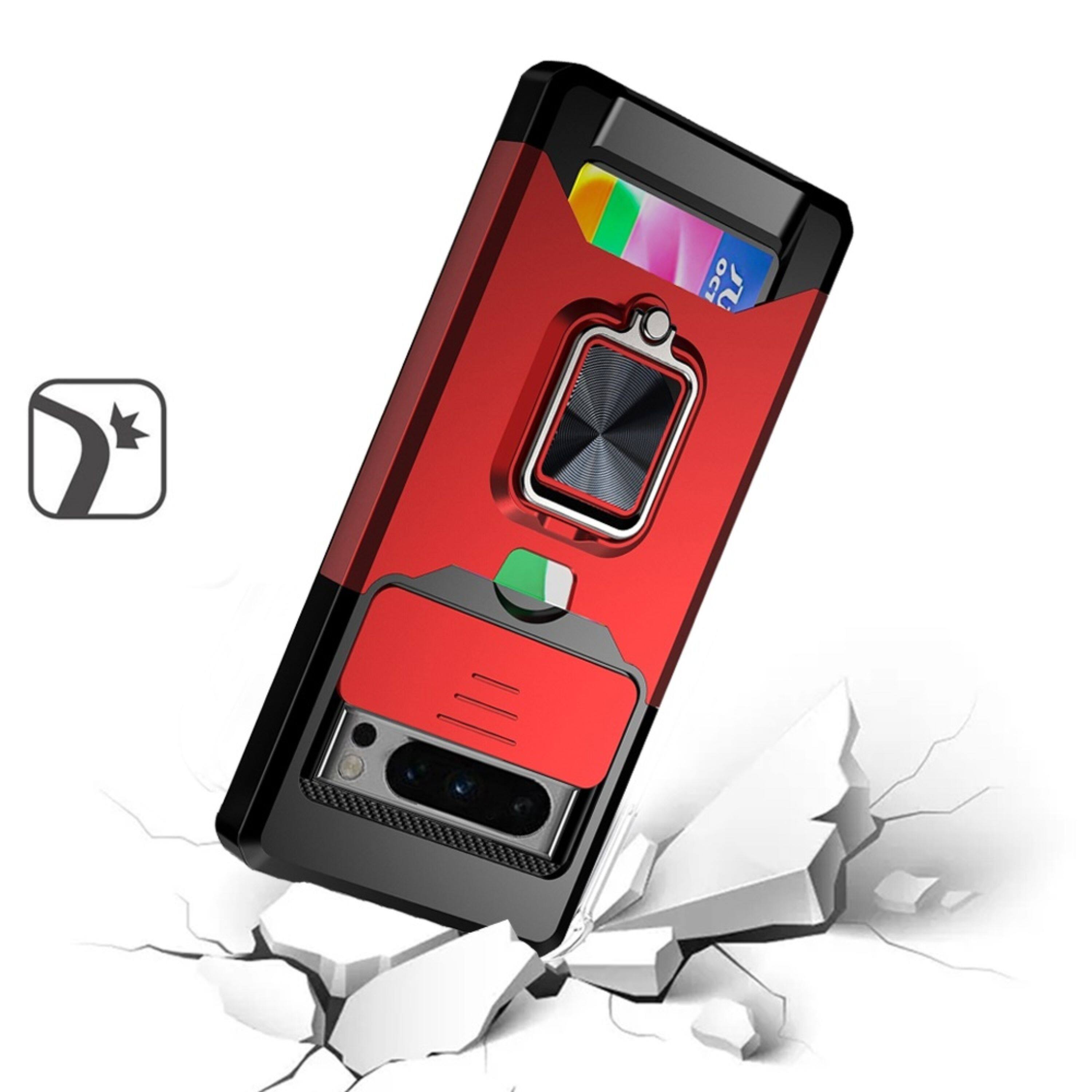 Left. Kitcheniva - Rugged Magnetic Ring Stand Sliding Lens Cover Phone Case With Card Holder For Google Pixel 8 Pro 5G Red - Red.