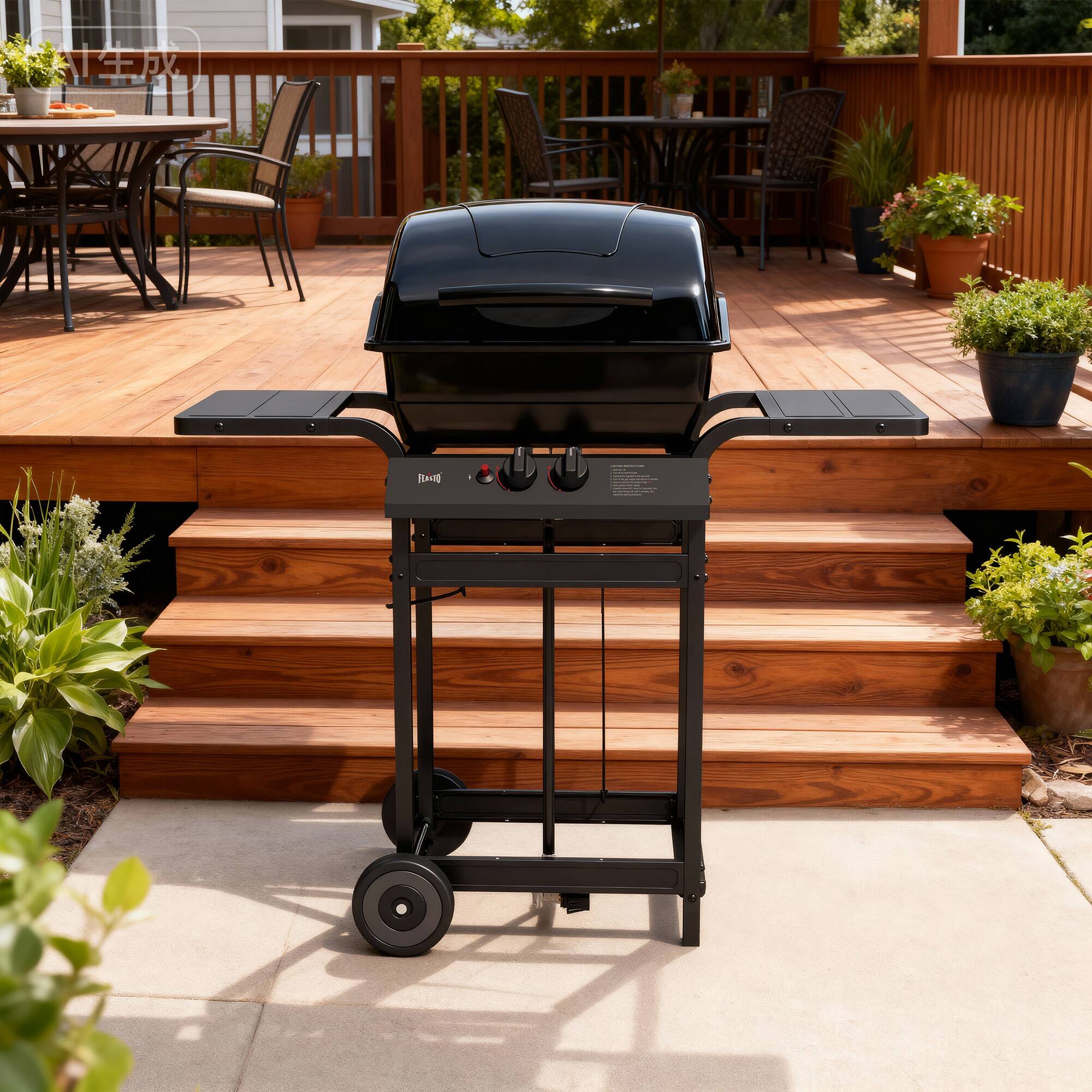 Angle. FEASTO - 2-Burner Propane Gas Grill, Porcelain-Enamel Body & Lid, with Warming Rack and Side Tables, Outdoor BBQ Gril - Black.