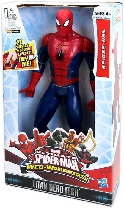 The text on the image can be grouped and corrected as follows:

- "X2 ALKALINE BATTERIES REQUIRED"
- "POWERED BY DURACELL"
- "20 PHRASES & SOUND EFFECTS! TRY ME!"
- "AGES 4+"
- "SPIDER-MAN MARVEL ULTIMATE WEB-WARRIORS"
- "SPIDER-MAN"
- "TITAN HERO TECH"

The product is a Spider-Man action figure from the Marvel Ultimate Web-Warriors series, suitable for ages 4 and above, and requires two alkaline batteries to operate.