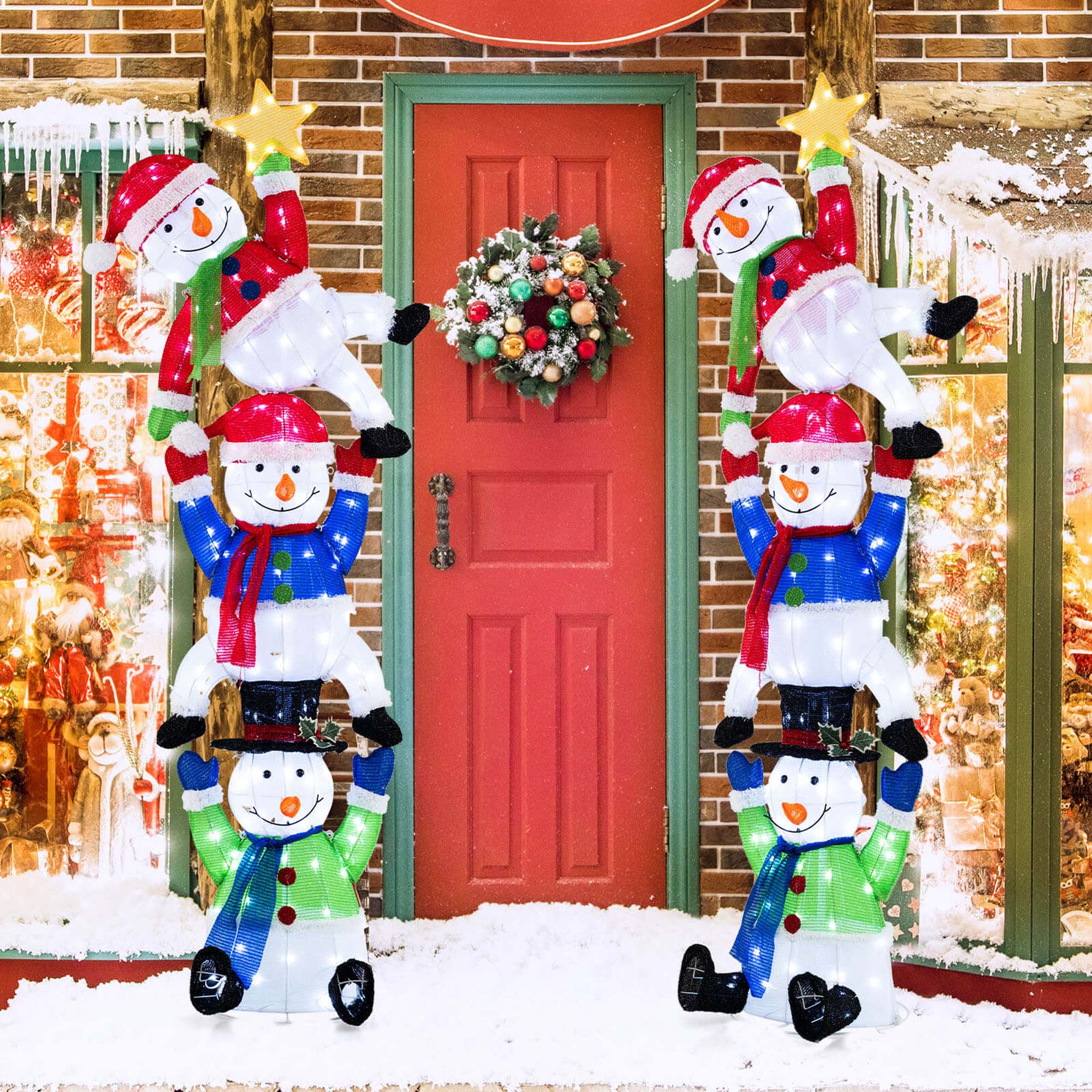 Alt View 3. Costway - Costway 6 ft 3D Pre-Lit Christmas Stacked Snowman with 155 LED Lights Zip Ties & Stakes - Multicolor.