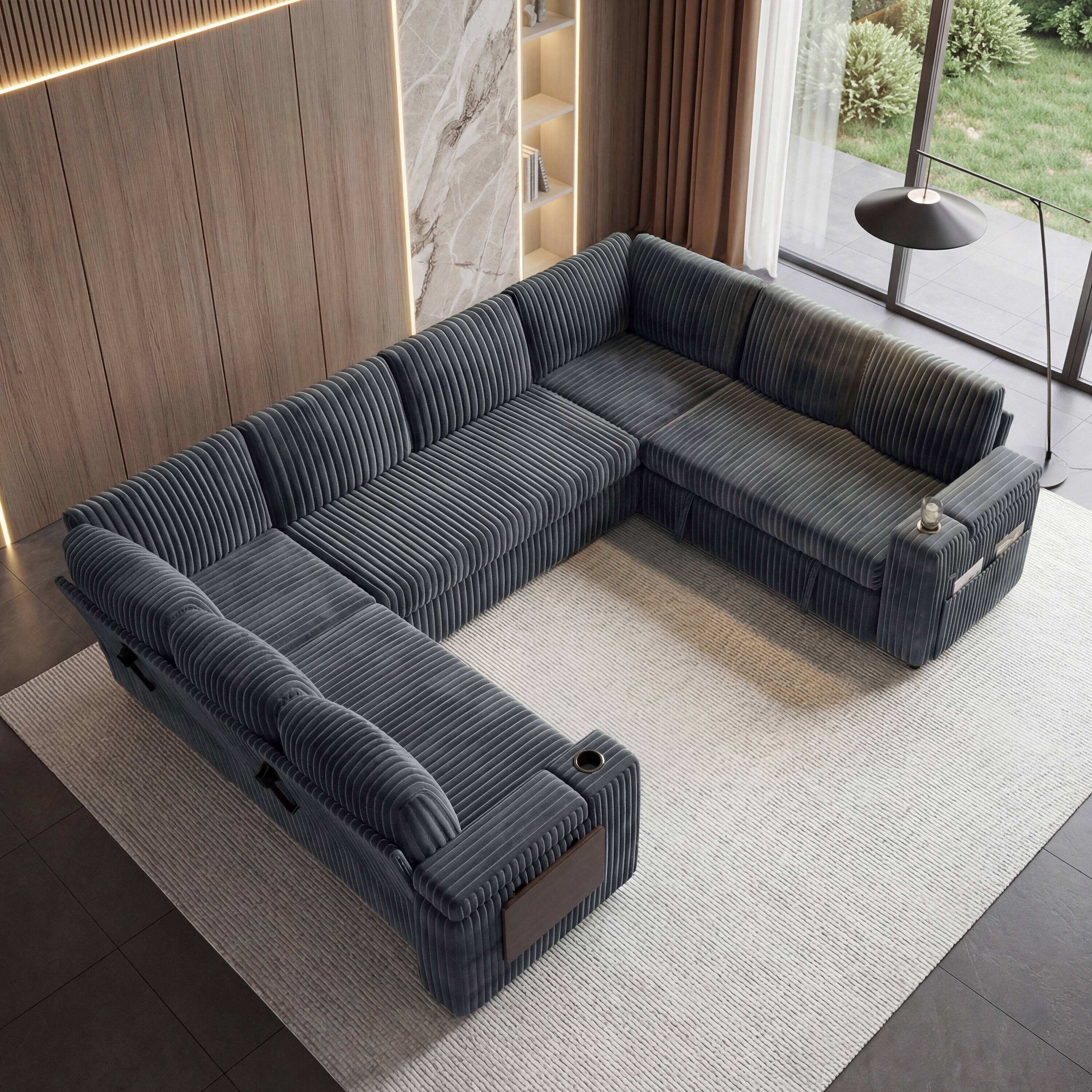 Angle. Dyonery - Dyonery 8 Seat  Modular Sleeper Sofa Bed, Storage Chaise,Side Table, USB Ports,Tool Free Assembly,Corduroy Gray - Gray.