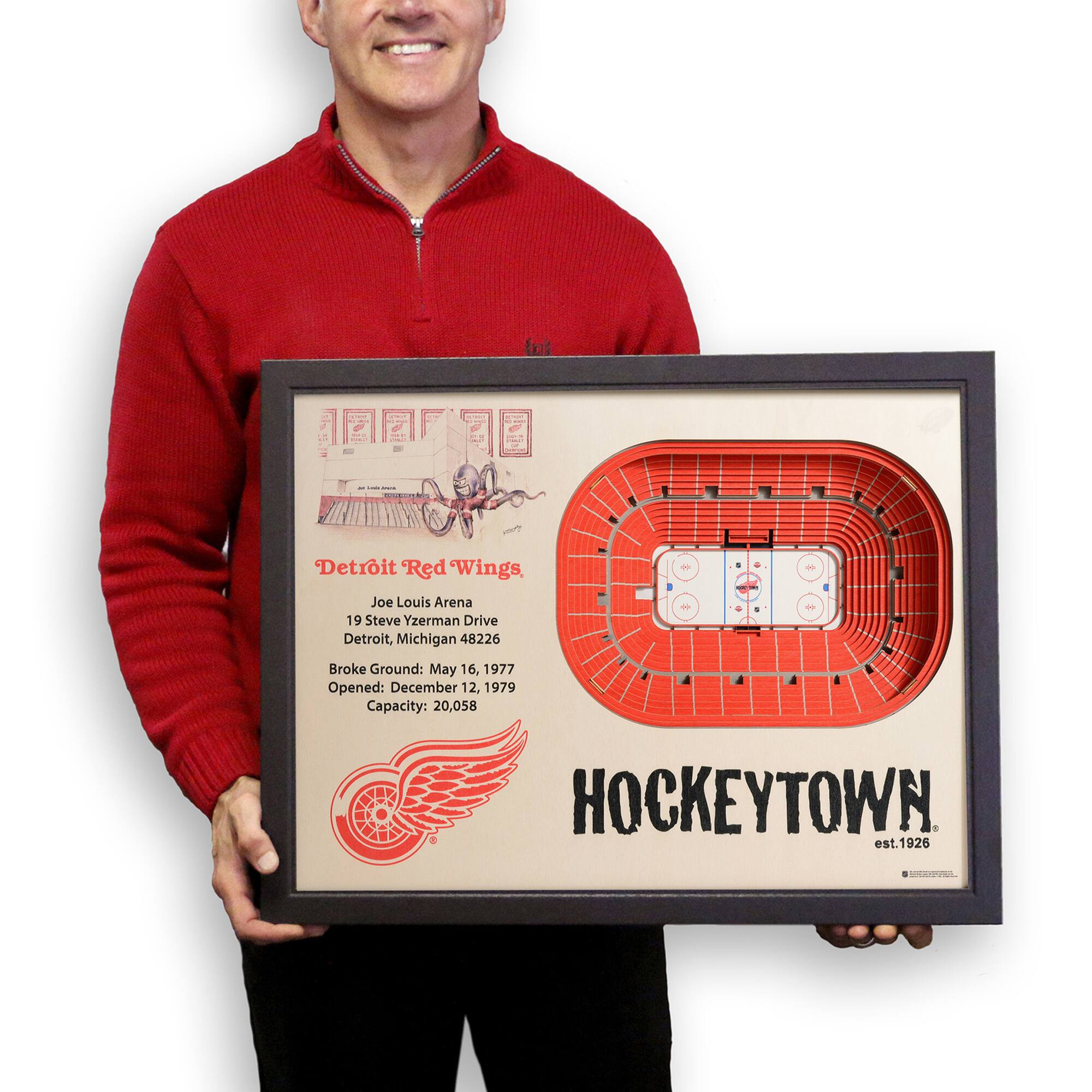 Detroit Red Wings  
Joe Louis Arena  
19 Steve Yzerman Drive  
Detroit, Michigan 48226  

Broke Ground: May 16, 1977  
Opened: December 12, 1979  
Capacity: 20,058  

HOCKEYTOWN  
est. 1926