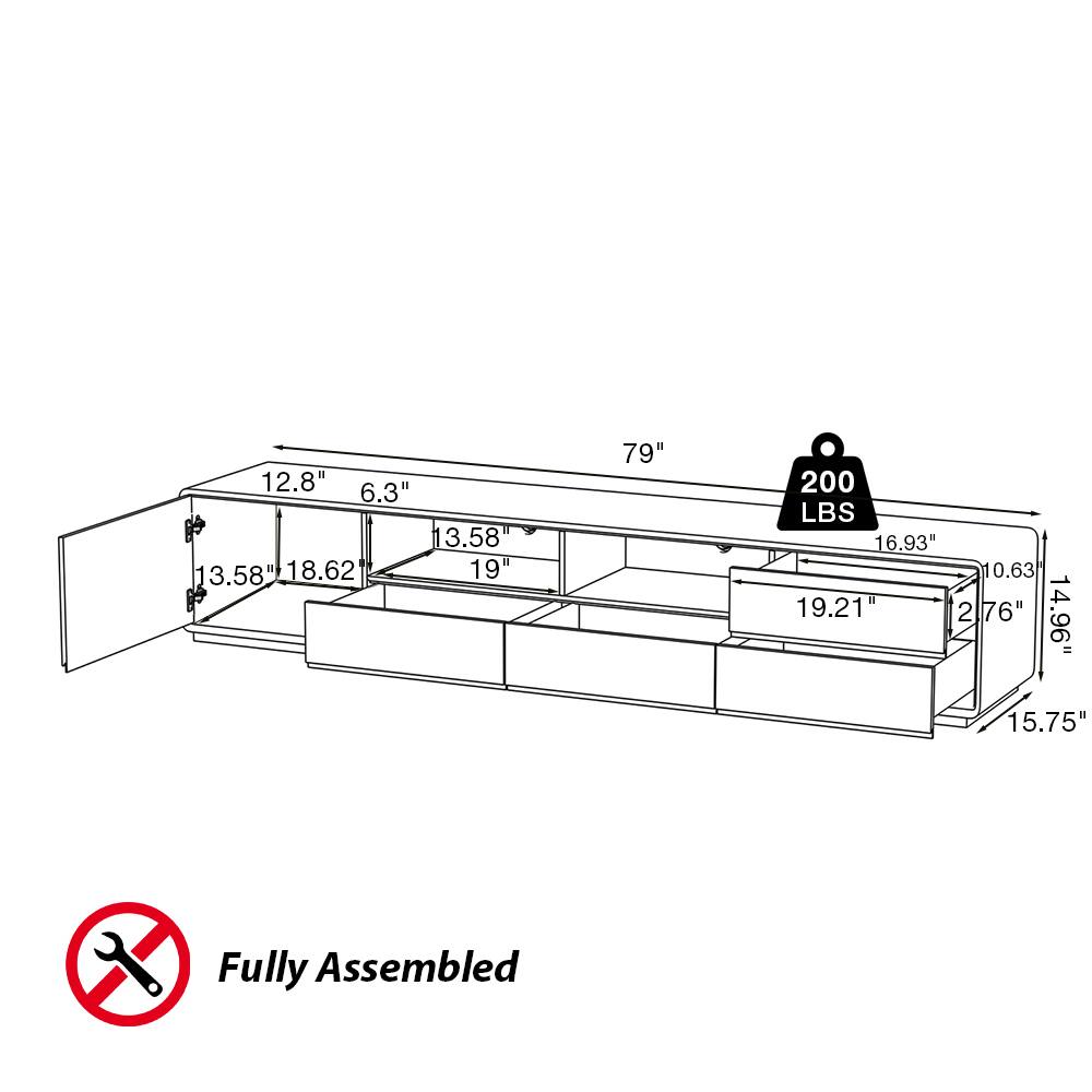 12.8" 6.3" 13.58" 3.58" 18.62" 19" 79" 200 LBS 16.93" 0.63 19.21" 2" 76" 14.96" 15.75" Fully Assembled