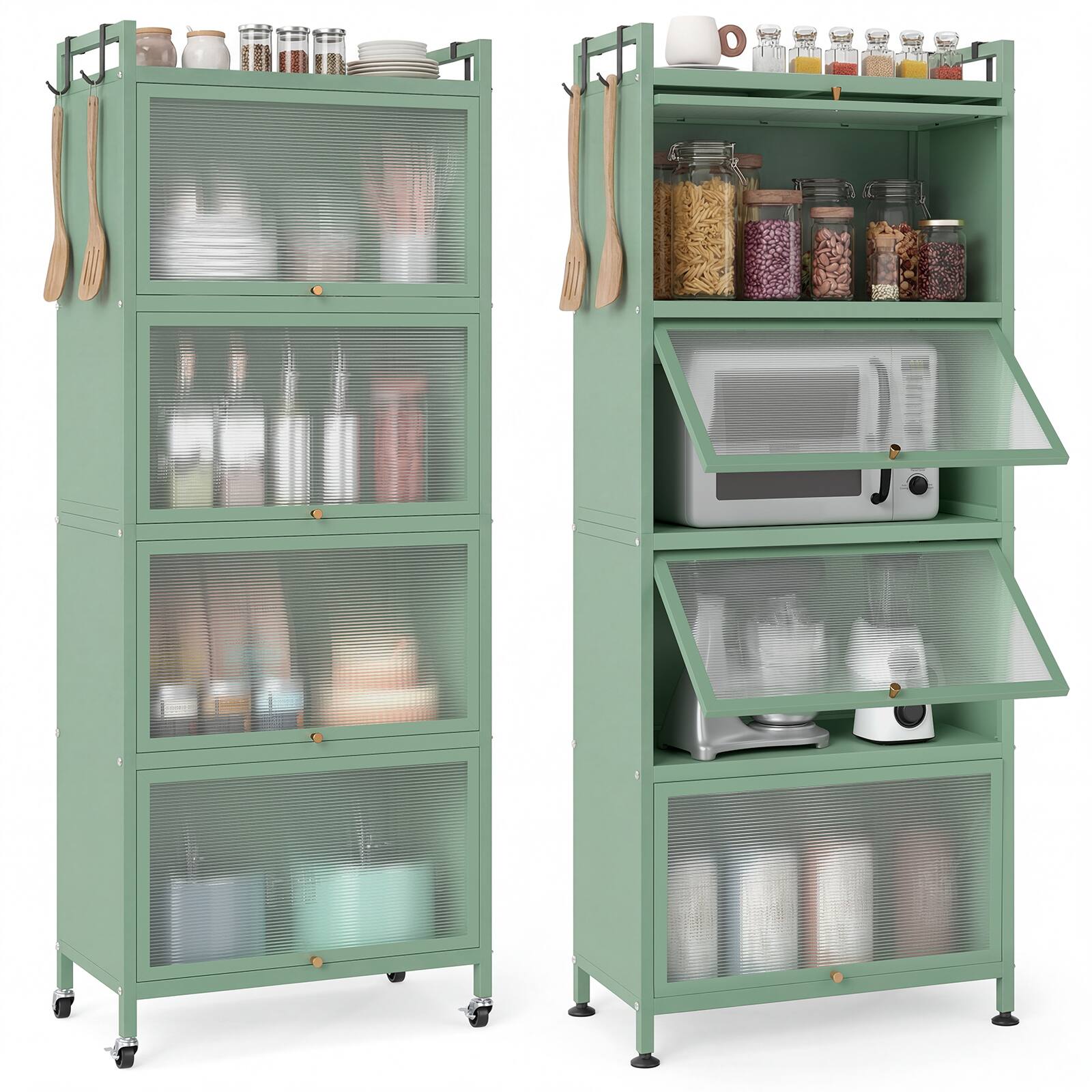 Front. Costway - Costway 5-Tier Kitchen Baker's Rack Storage Cabinet Mobile Microwave Stand Flip-up Doors Green - Green.